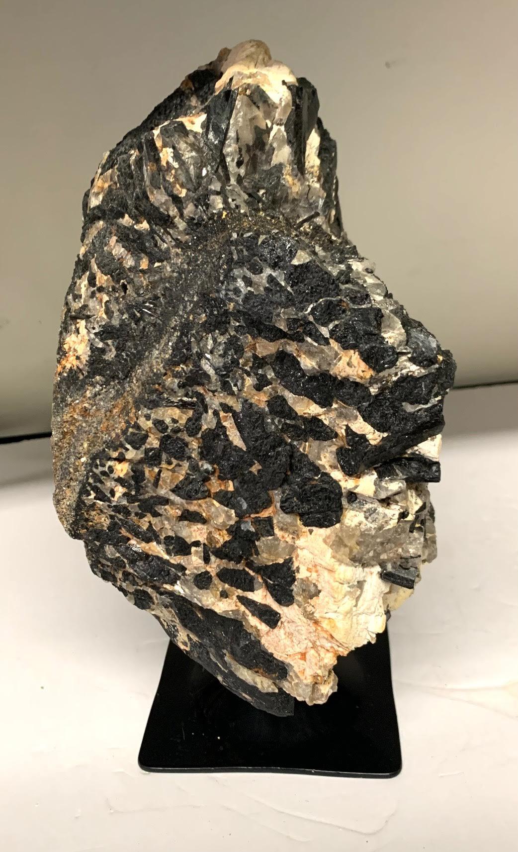 Brazilian large black cut tourmaline stone on stand.
Black mixed with cream and a rust back.
Black Tourmaline is a stone often used for protection. 
It's a great stone for soaking up negative energies .
Stand measures 5