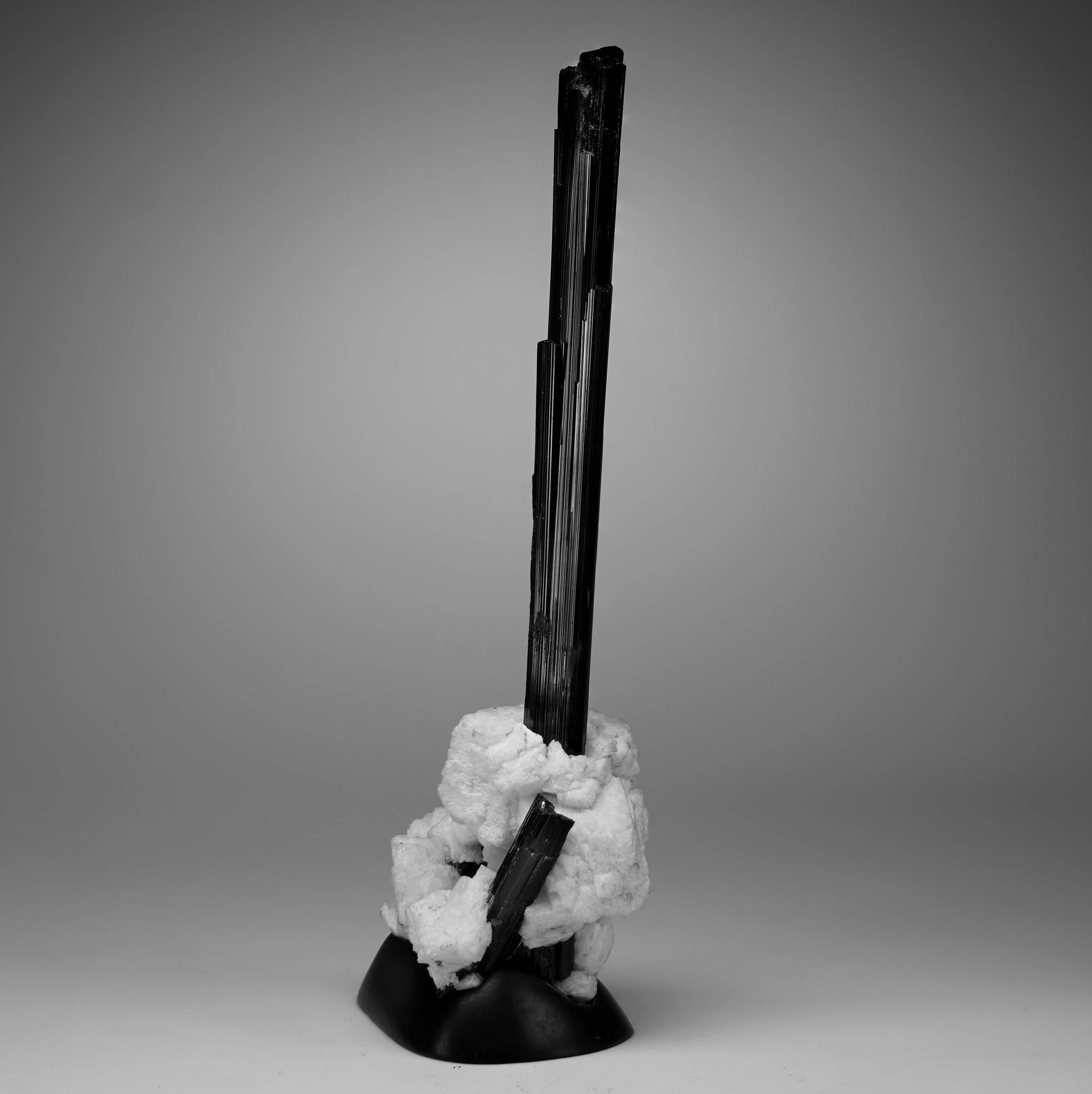 Contemporary Black Tourmaline With Albite on Custom Stand For Sale