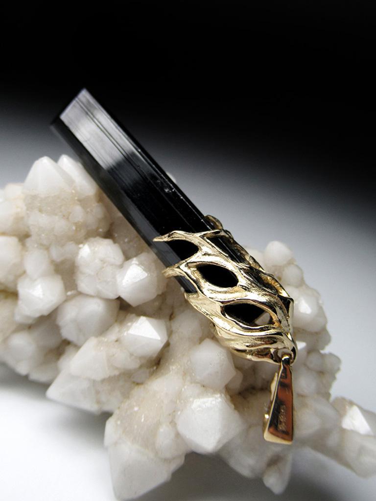 Black Tourmaline Yellow Gold Pendant Natural Crystal Healing Unisex Raw Gemstone For Sale 5