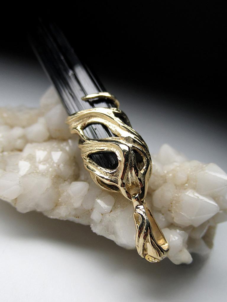 Black Tourmaline Yellow Gold Pendant Natural Crystal Healing Unisex Raw Gemstone For Sale 7