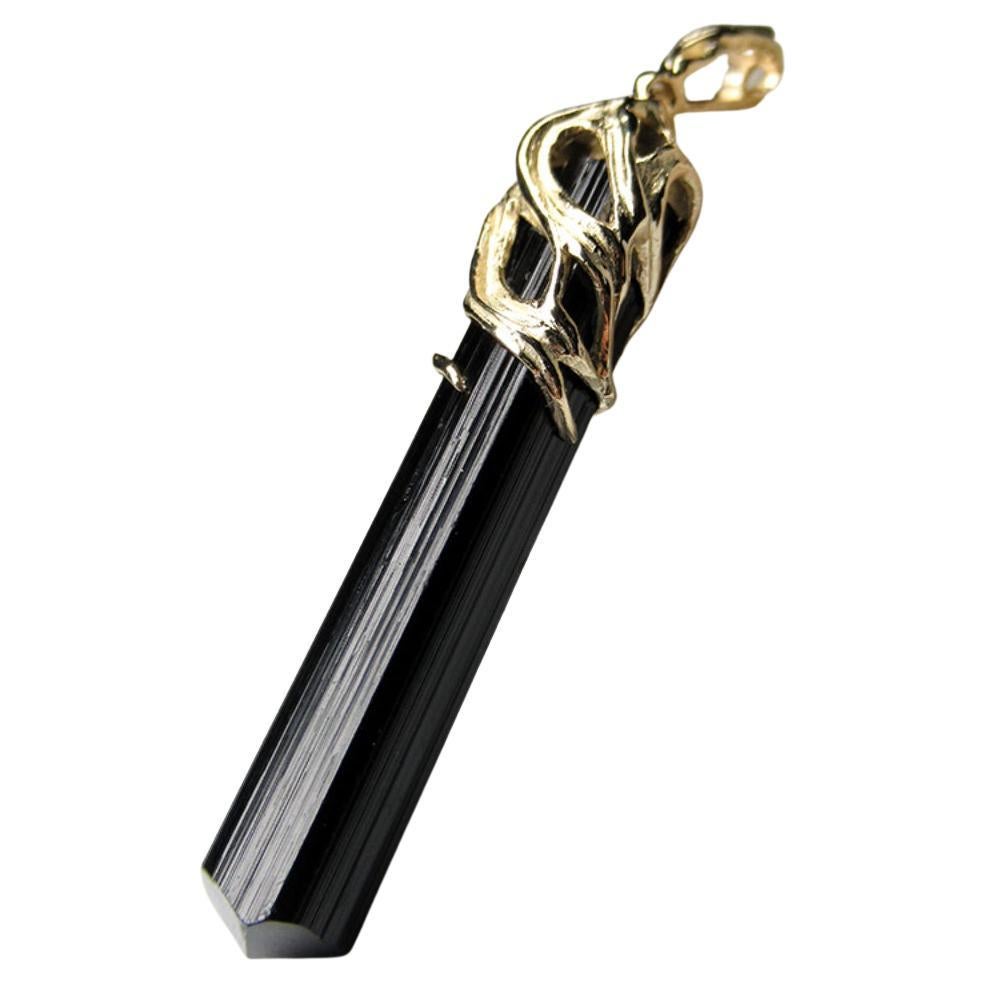 Black Tourmaline Yellow Gold Pendant Natural Crystal Healing Unisex Raw Gemstone