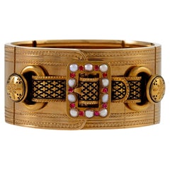 Black Tracery Enamel, Ruby and Pearl Buckle Bangle Bracelet