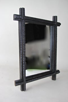 Black Tramp Art Mirror Basswood Hand Carved II, Austria, circa 1880