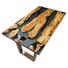 Black Transparent Olive Epoxy Resin River Table - Kitchen Dining Table