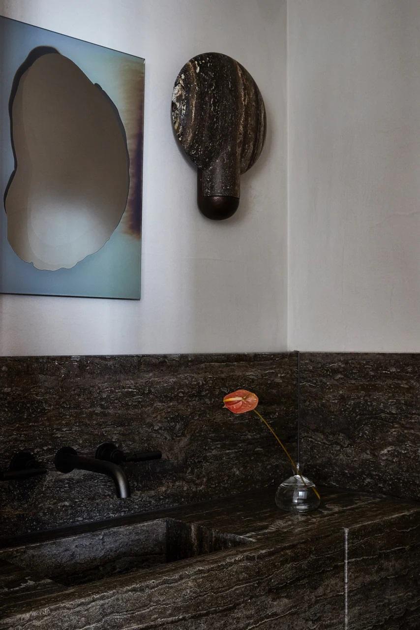 Modern Contemporary Black Travertine Surface Wall Sconce by Henry Wilson For Sale