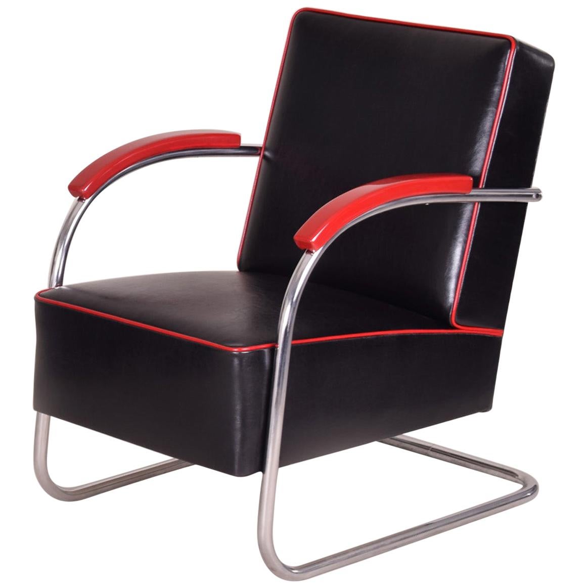 Black Tubular Steel Cantilever Armchair, Chrome, New Leather and Upholstery For Sale