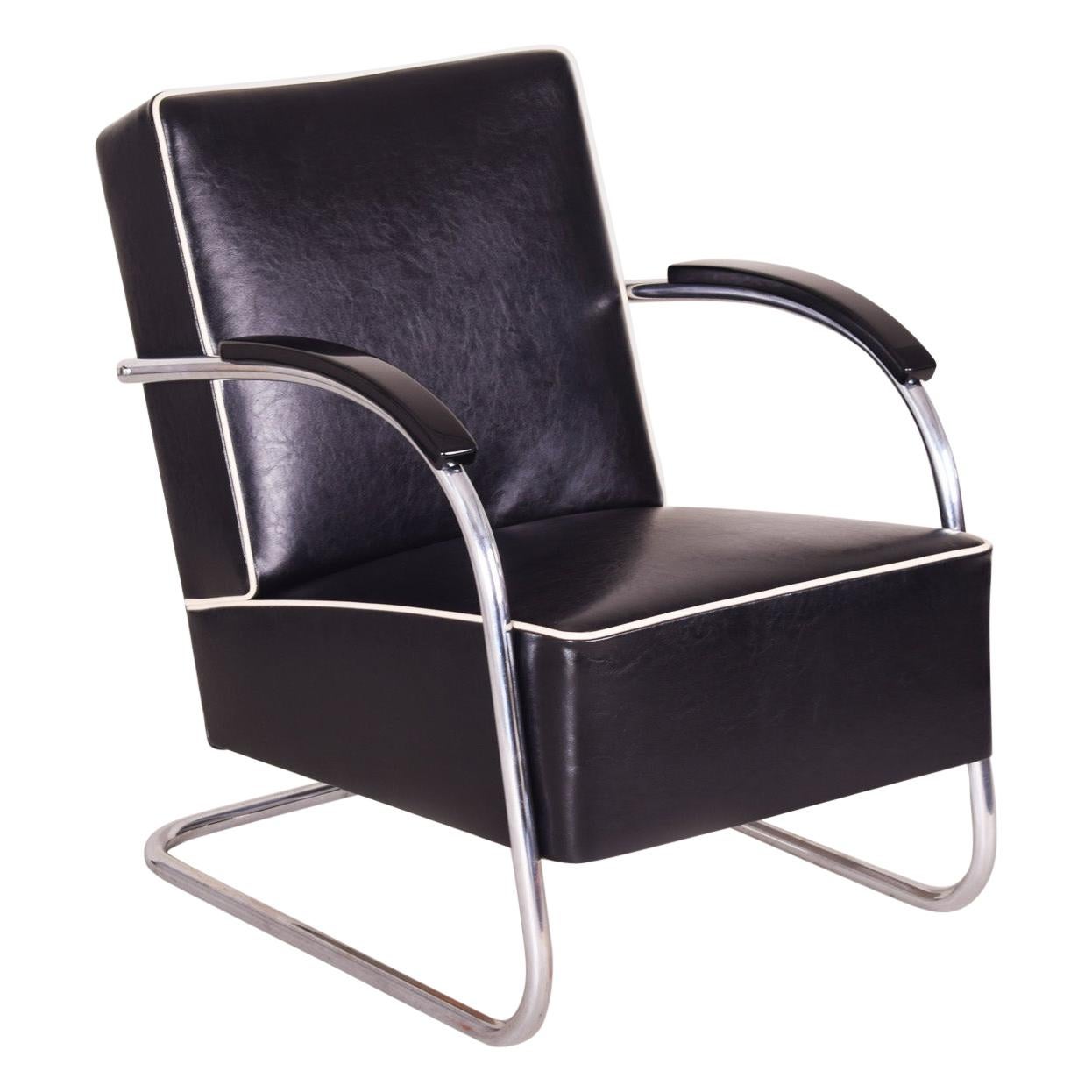 Black Tubular Steel Cantilever Armchairs, Chrome, New Leather and Upholstery