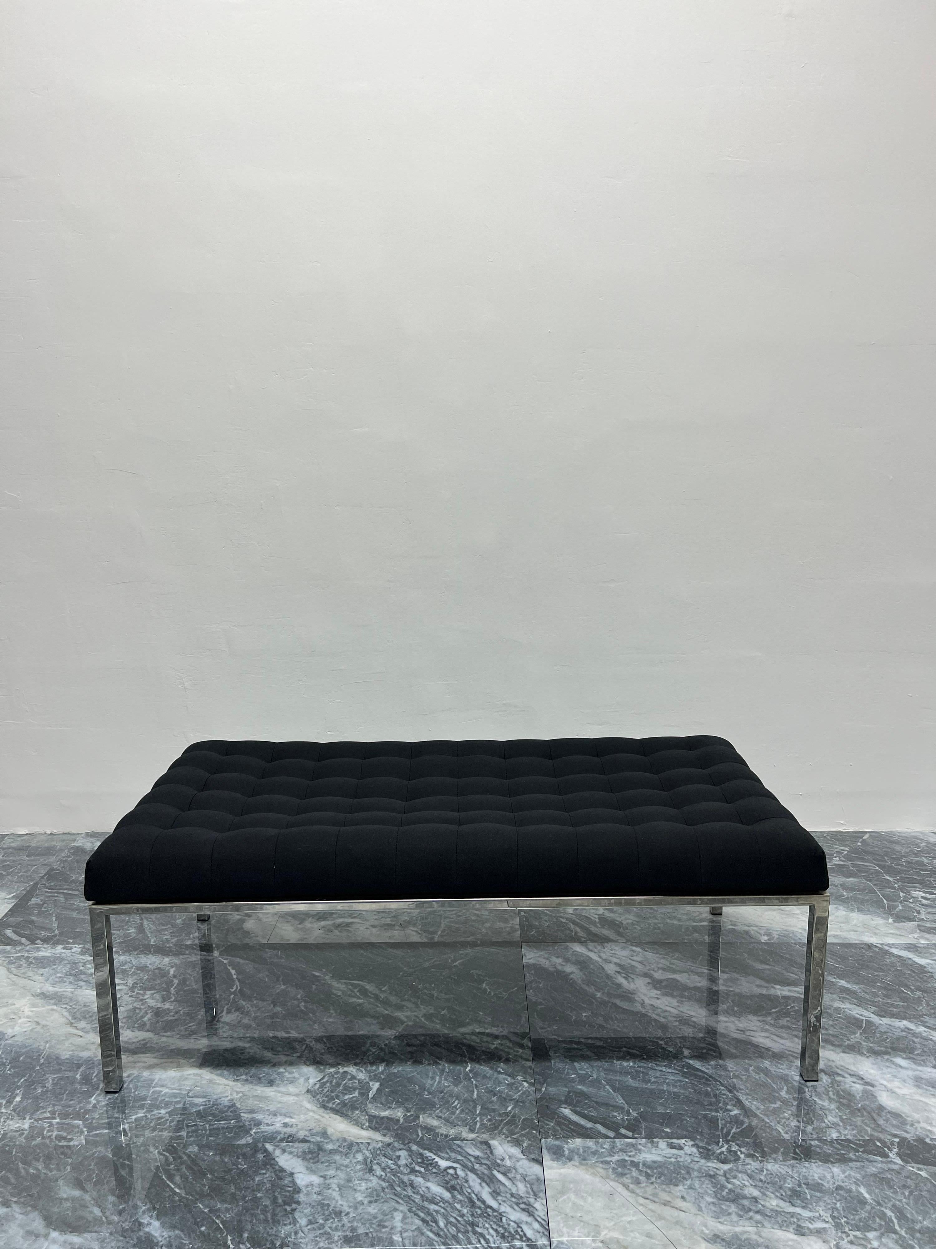 Museum bench with newly upholstered heavy black canvas fabric on square tubular chrome frame by Metropolitan Furniture, 1986.