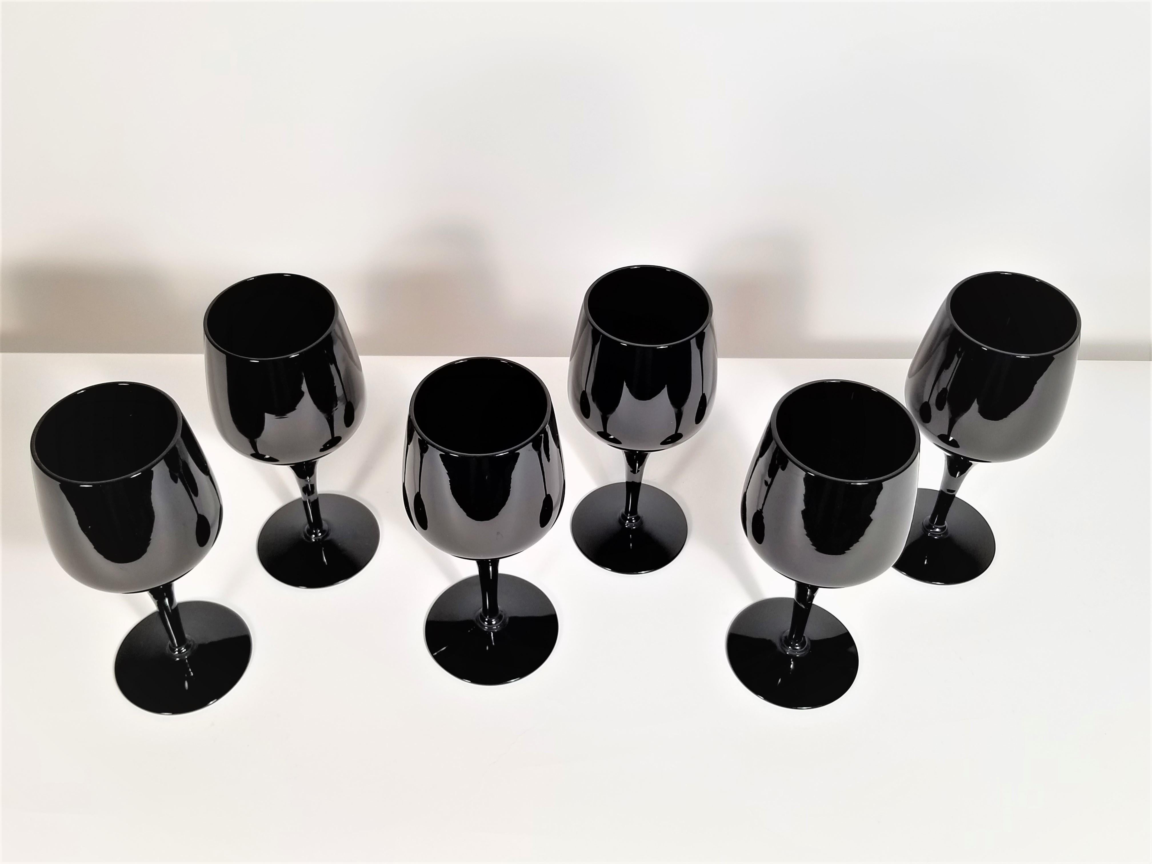 1980s Black Tulip Stemware Midcentury Set of 6 In Excellent Condition For Sale In New York, NY