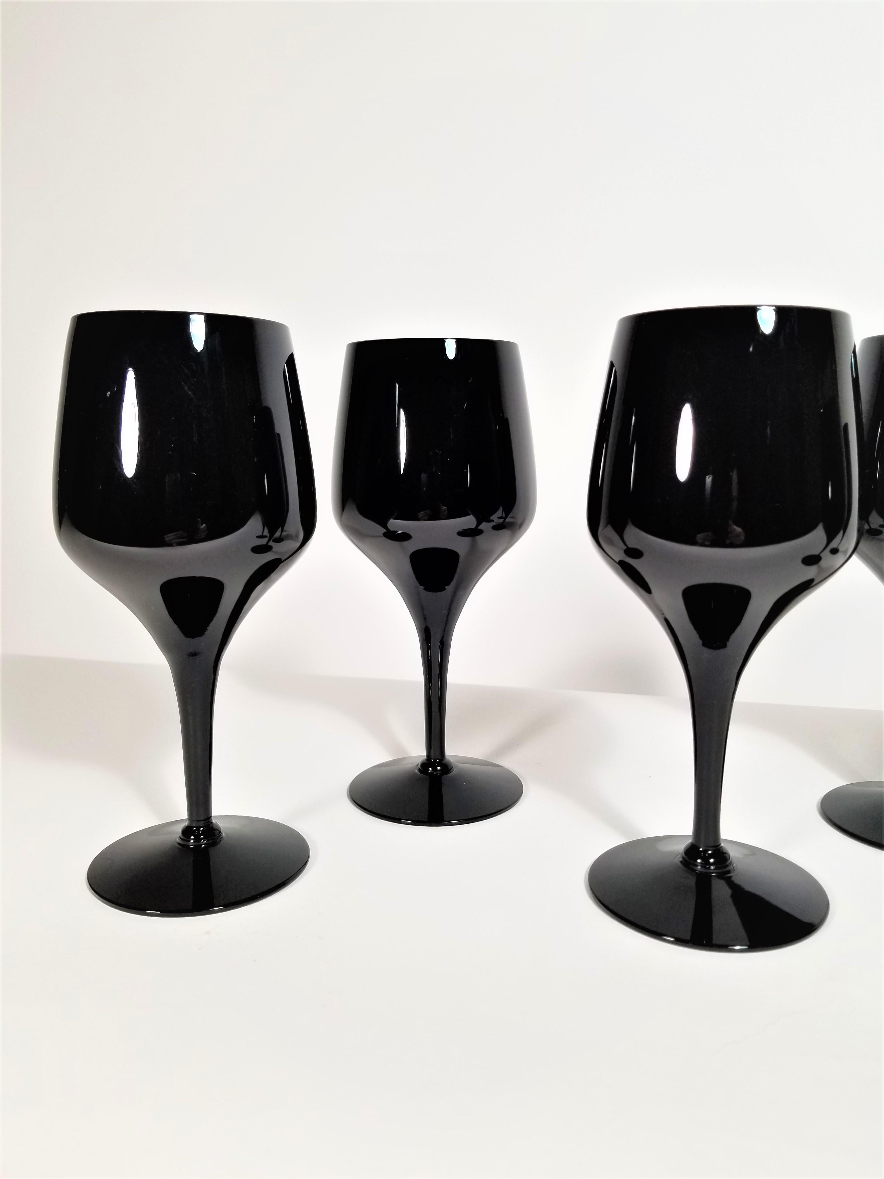 Glass 1980s Black Tulip Stemware Midcentury Set of 6 For Sale