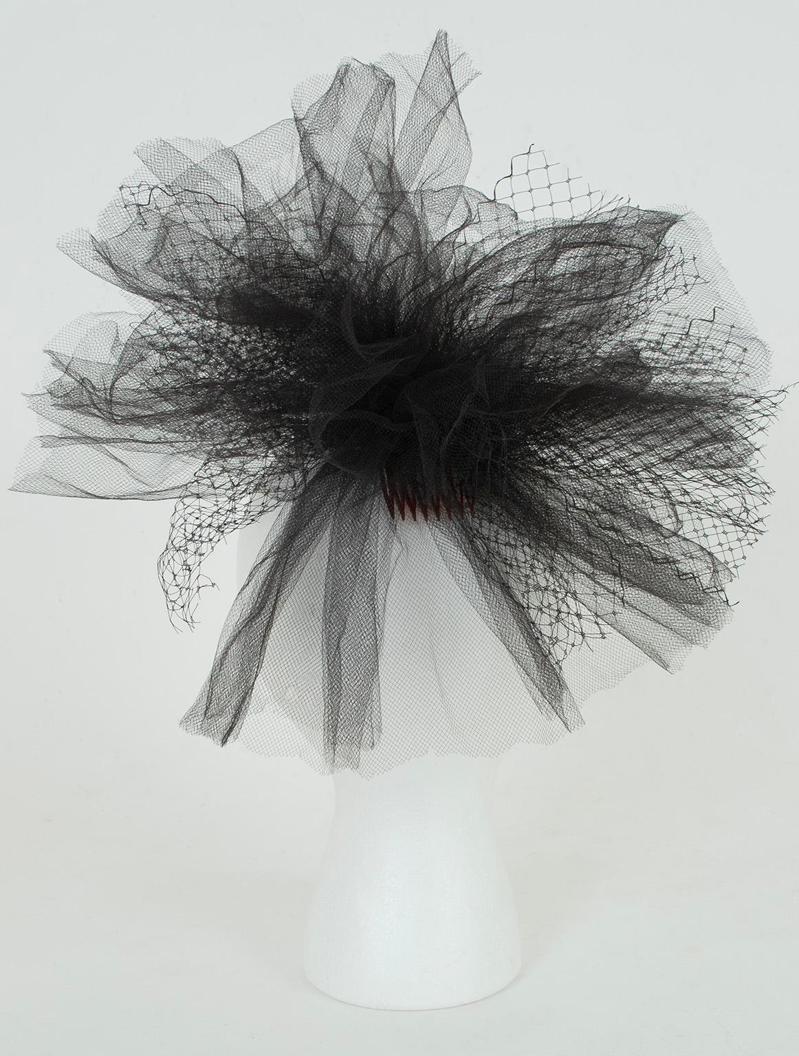 Women's Black Tulle and Net Statement Pouf Fascinator or Corsage with Comb– O/S, 1950s For Sale