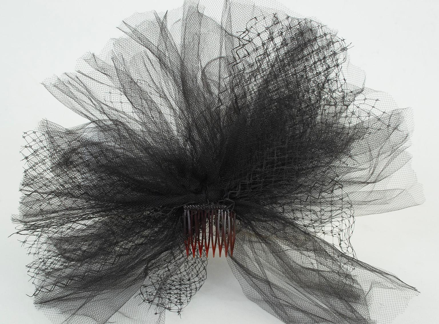 Black Tulle and Net Statement Pouf Fascinator or Corsage with Comb– O/S, 1950s For Sale 1