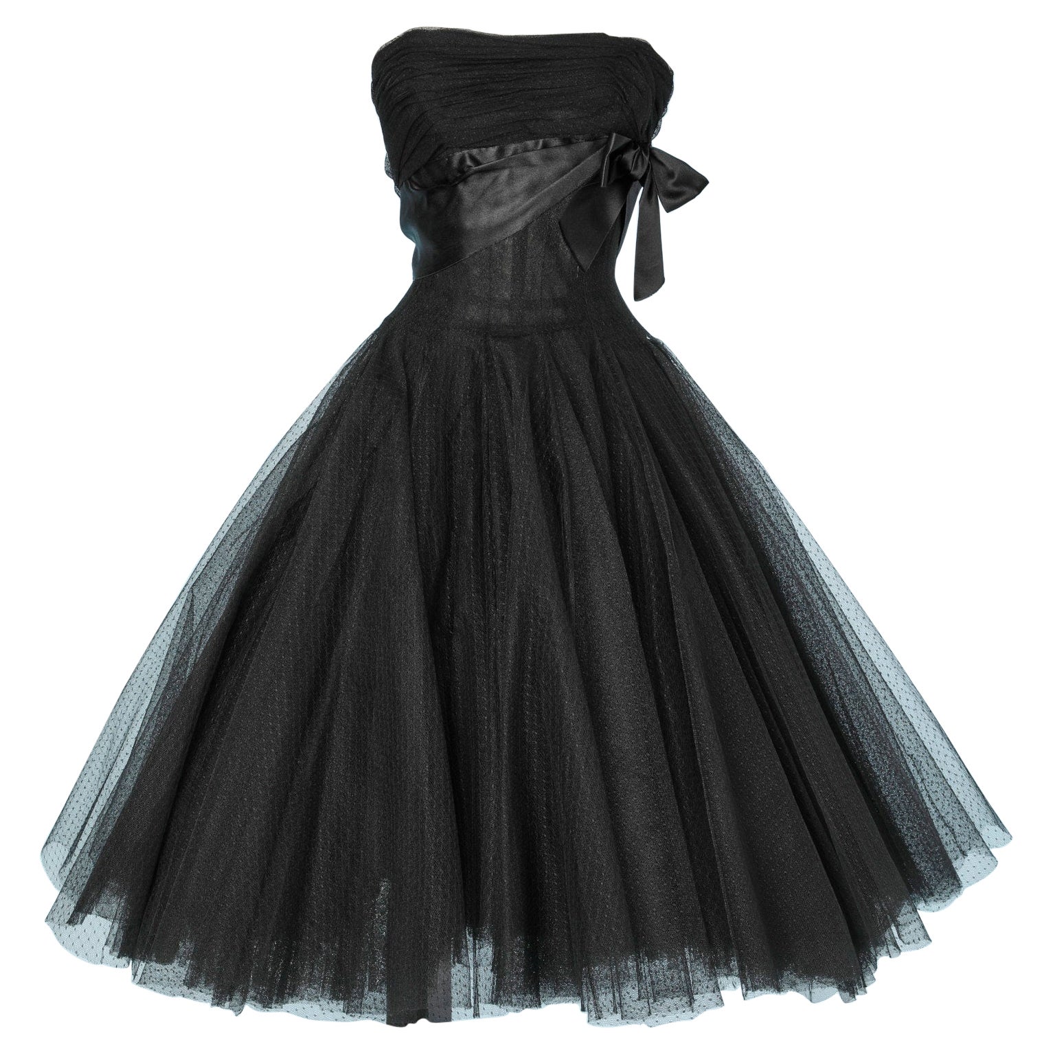 Vestido bustier negro de tul y satén 1950 Emilio Schuberth