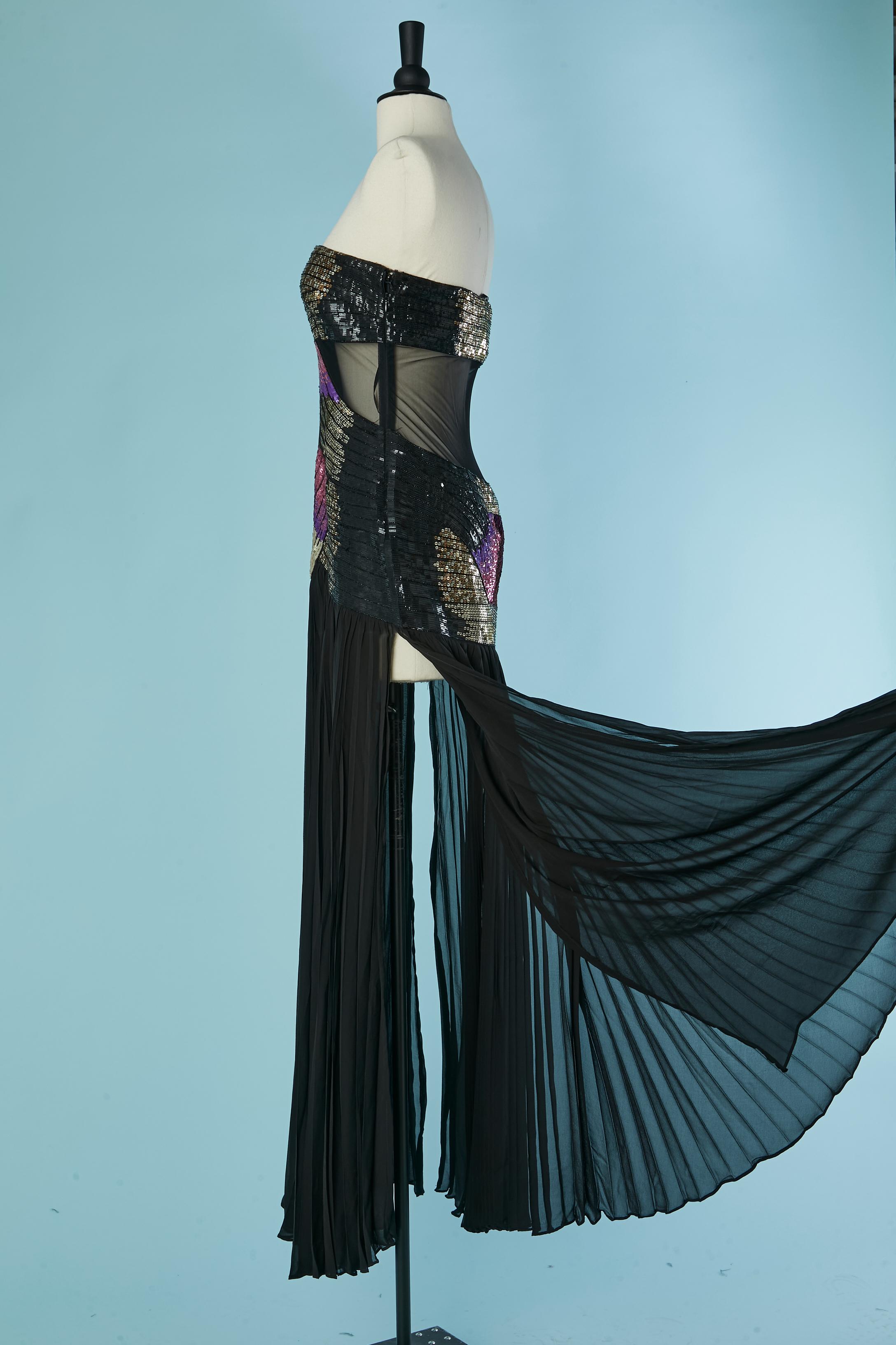 Schwarzer Tüll, Chiffon und  Paillettenbesticktes Bustier-Abendkleid  MATTIOLO im Angebot 3