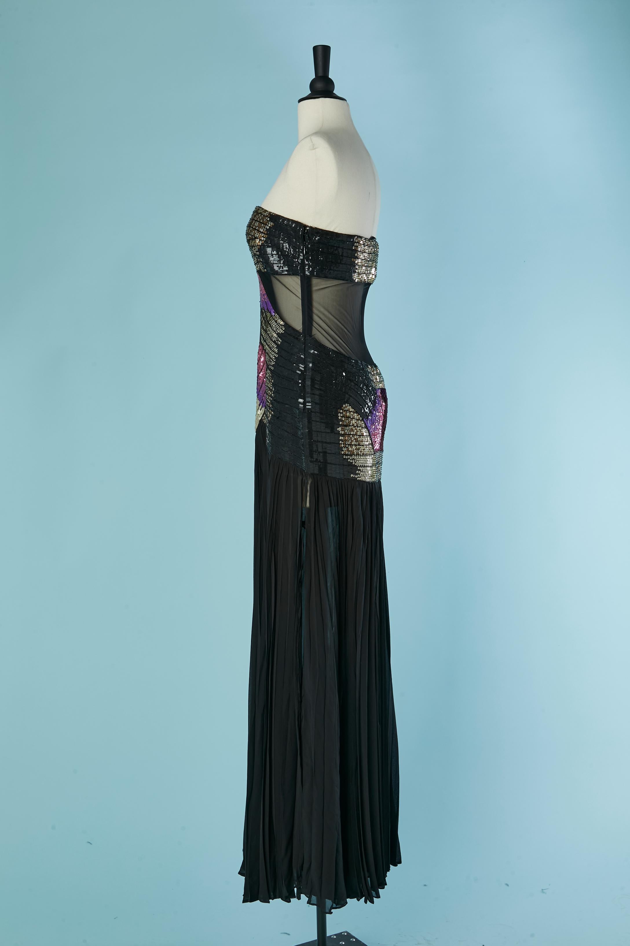 Schwarzer Tüll, Chiffon und  Paillettenbesticktes Bustier-Abendkleid  MATTIOLO im Angebot 4