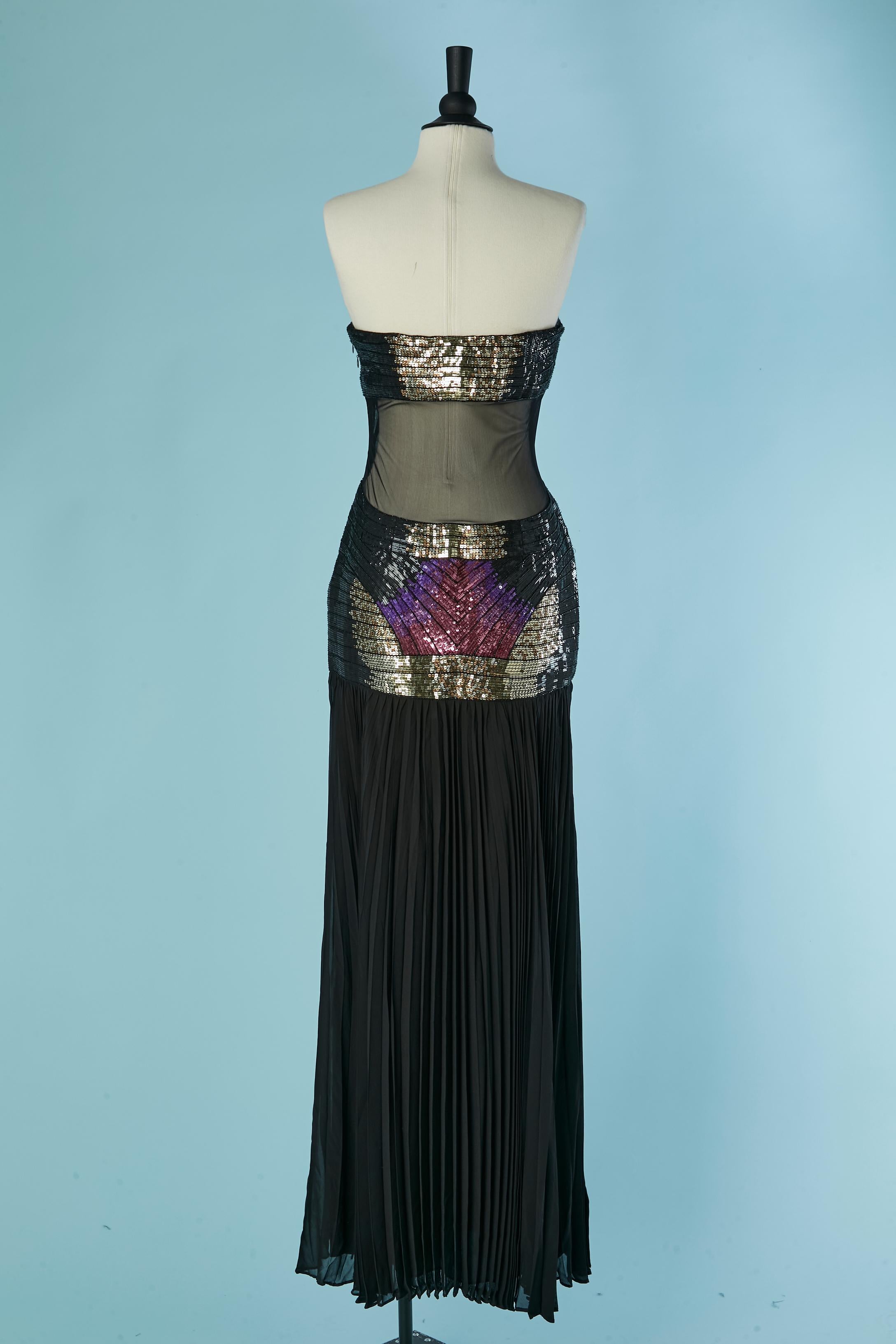 Schwarzer Tüll, Chiffon und  Paillettenbesticktes Bustier-Abendkleid  MATTIOLO im Angebot 5