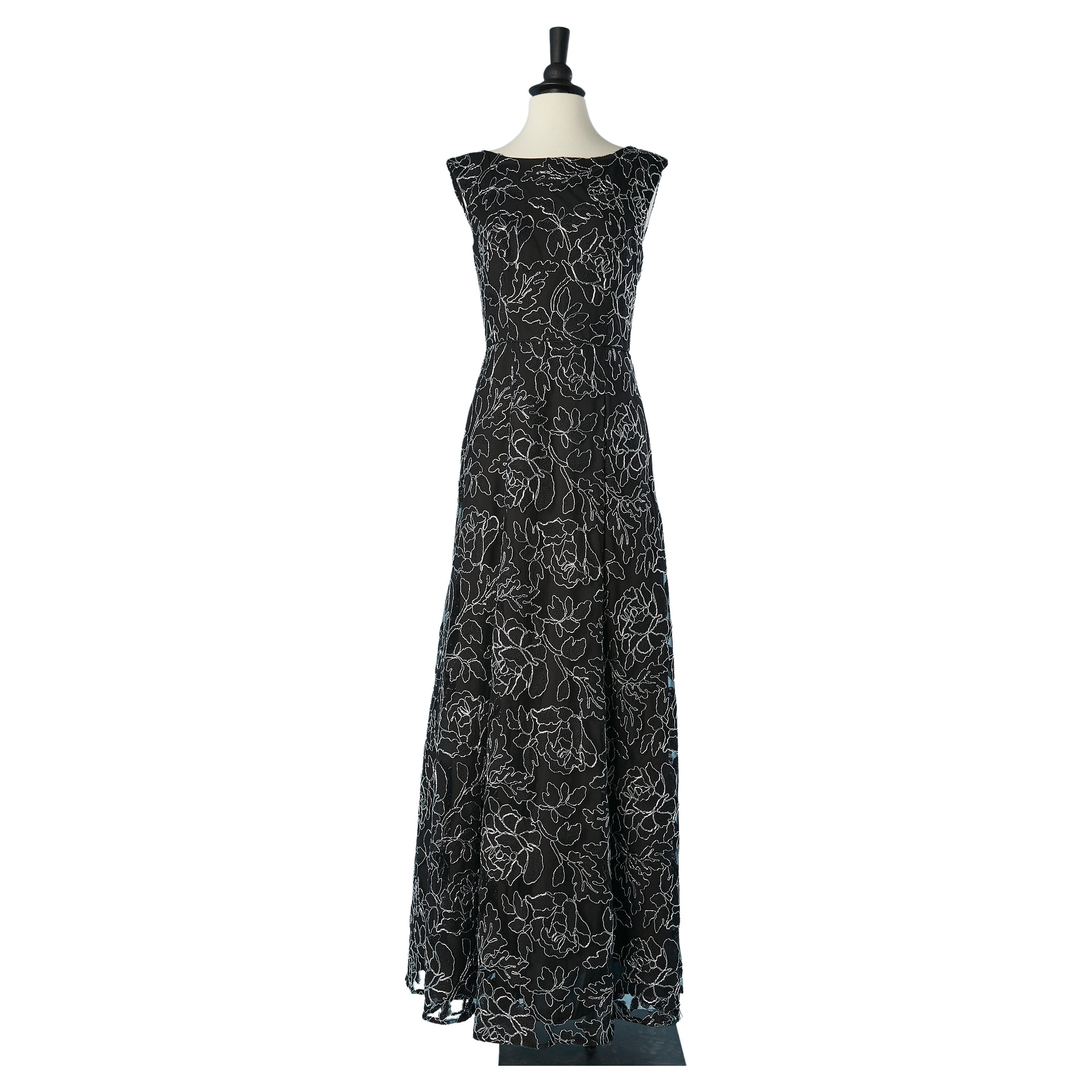 Black tulle evening dress with silver lurex threads embroideries Karl Lagerfeld  For Sale