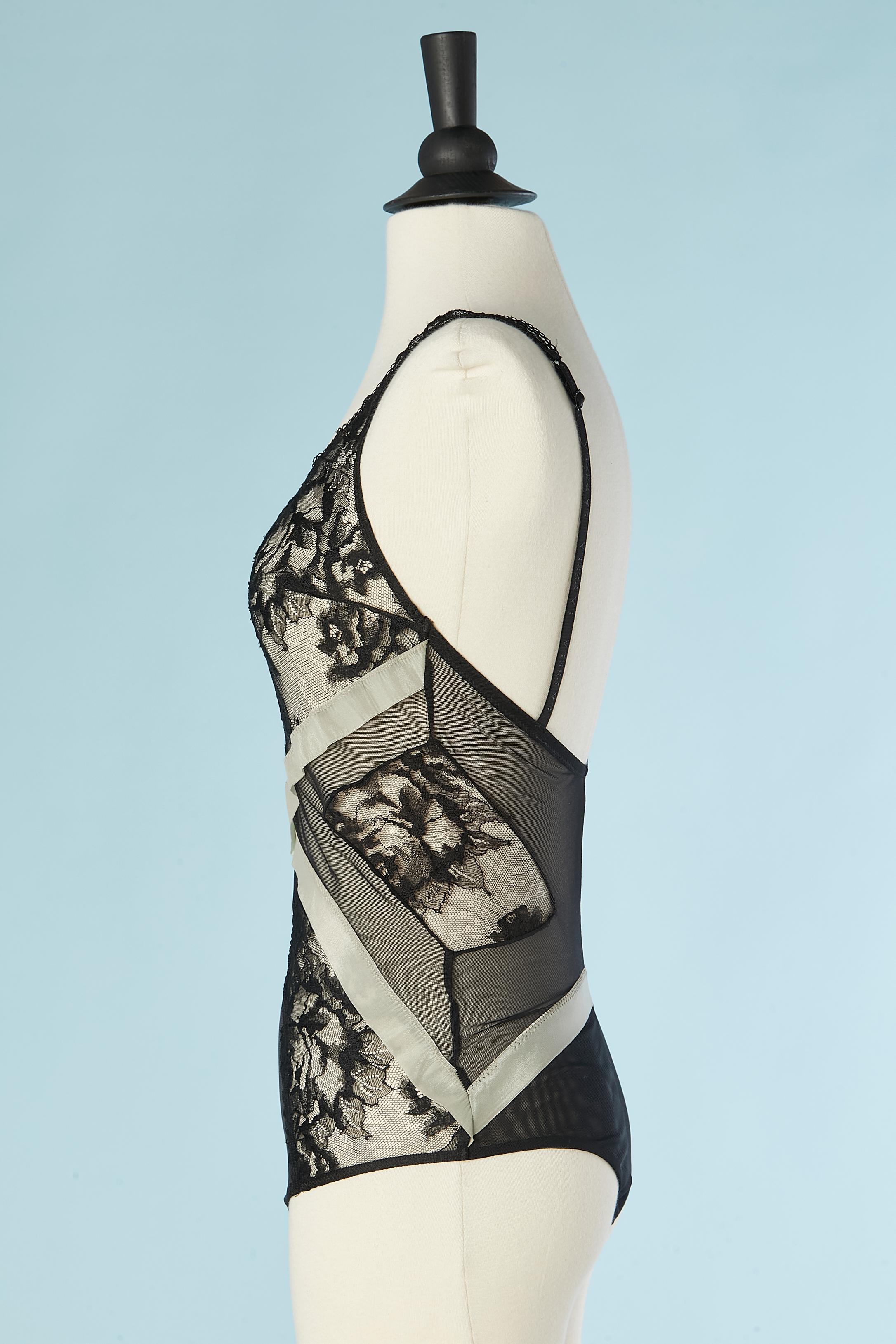 Women's Black tulle see-through bodysuit with lace appliqué La Perla ( no brand tag) For Sale