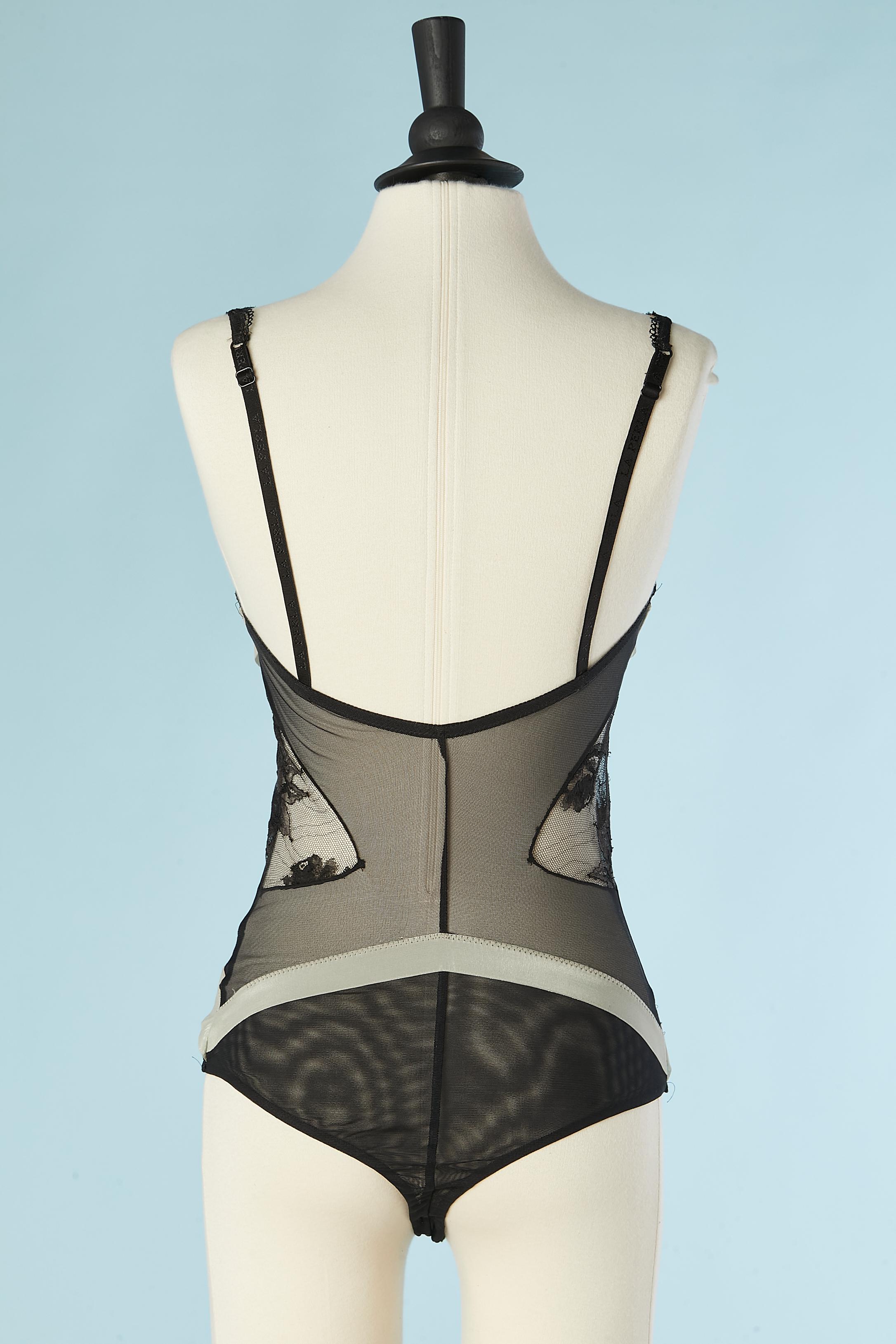 Black tulle see-through bodysuit with lace appliqué La Perla ( no brand tag) For Sale 1