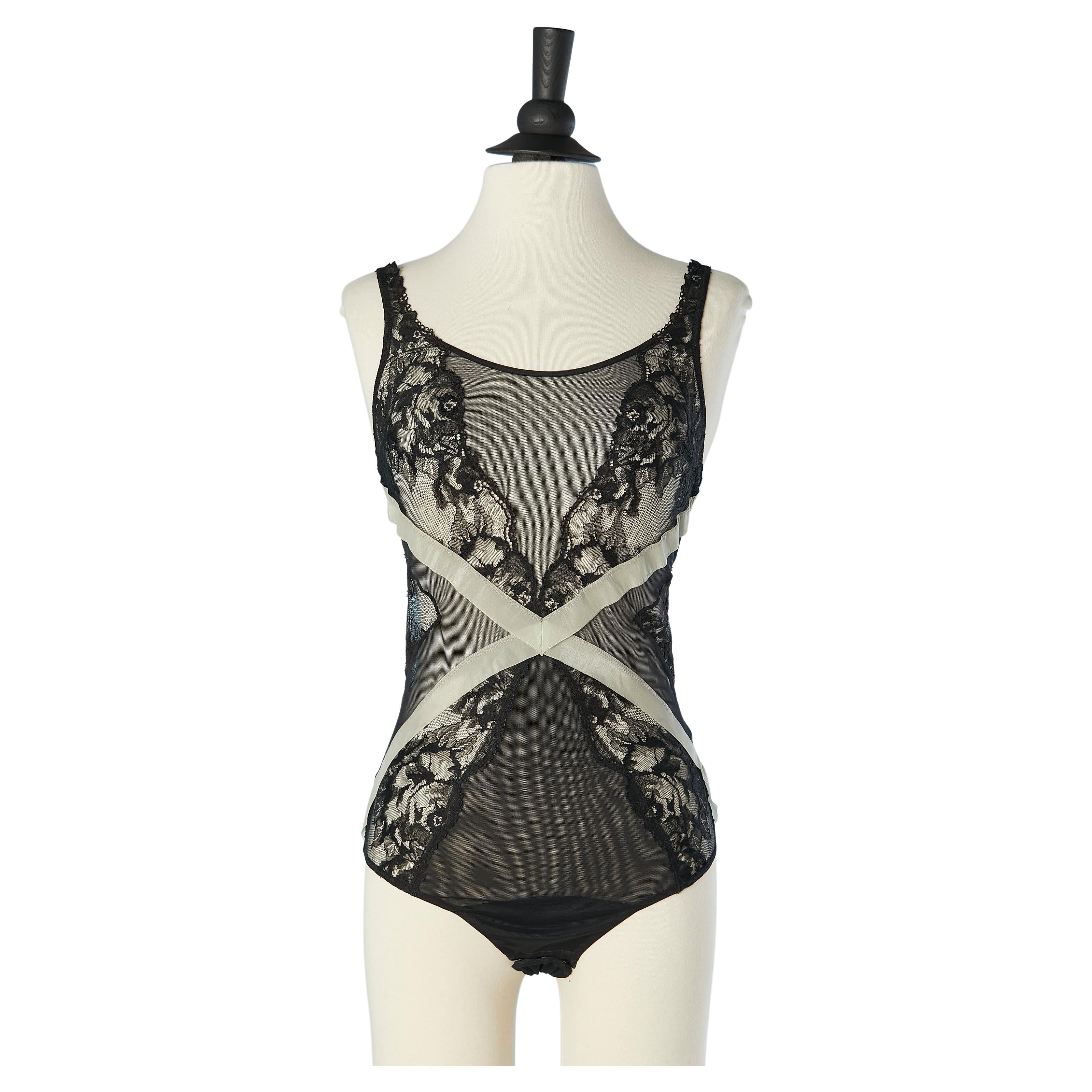 Black tulle see-through bodysuit with lace appliqué La Perla ( no brand tag) For Sale