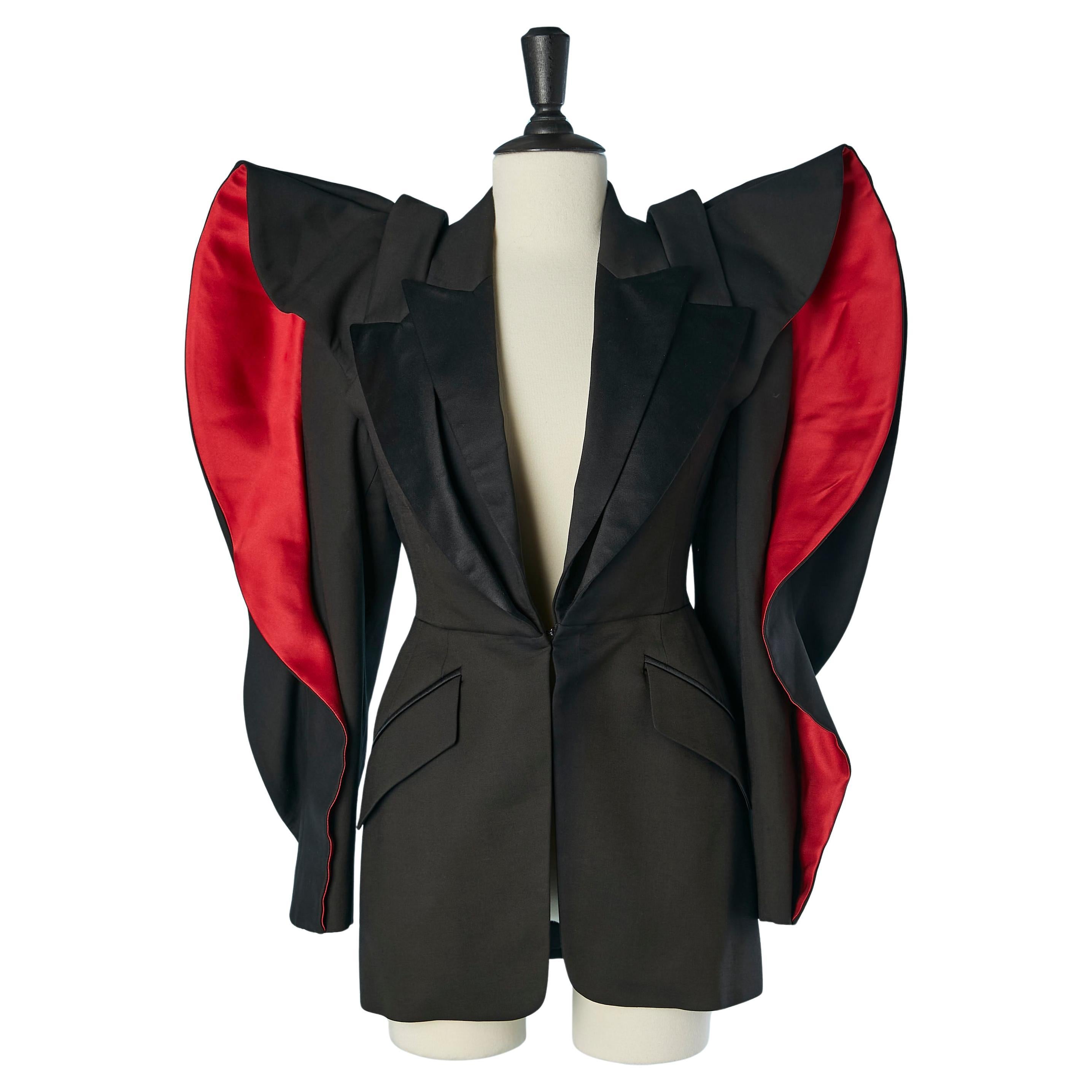Black Tuxedo edge to edge jacket with black and red "wings" ALEXANDER McQUEEN For Sale