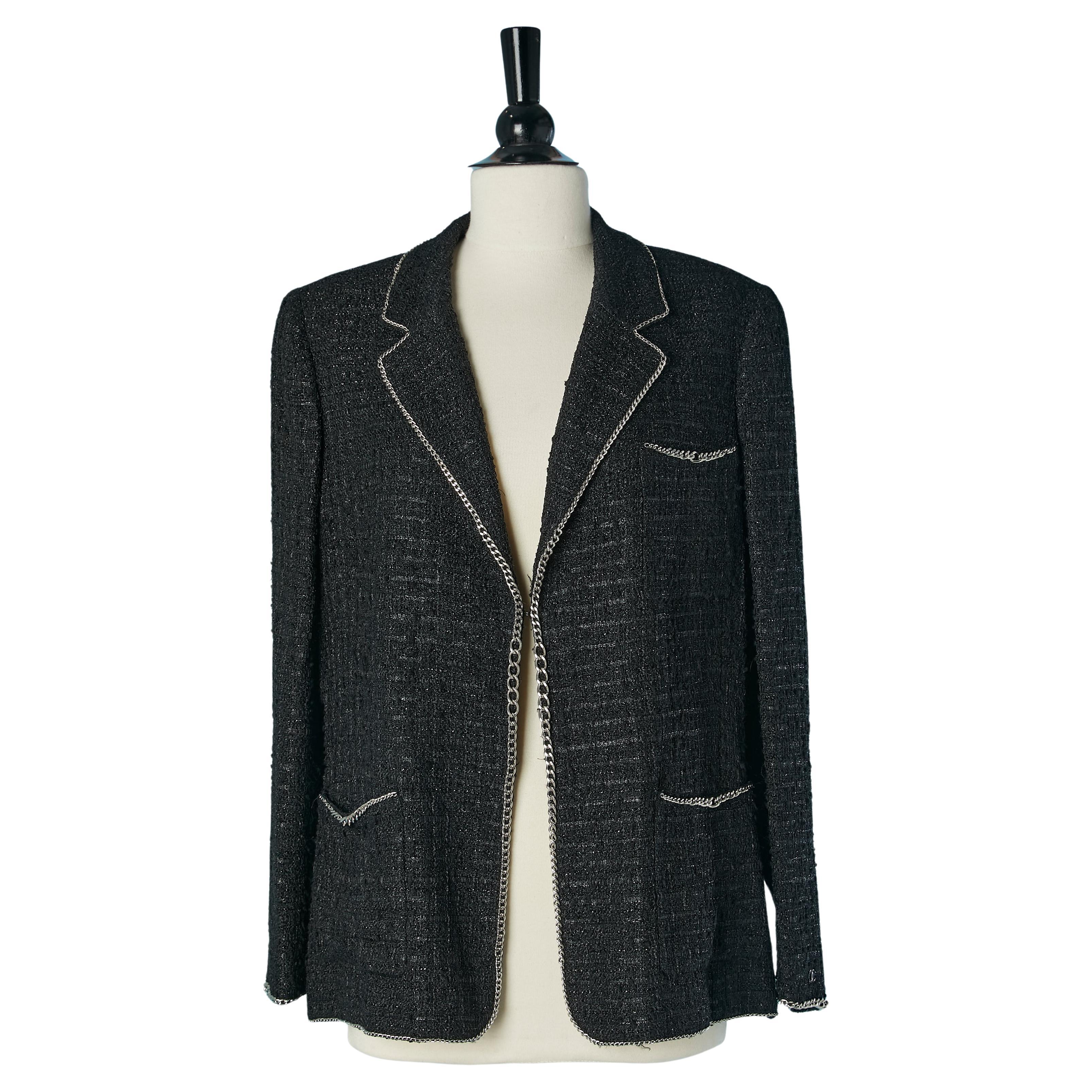 Giacca in tweed nero e nylon con bordo a catena Chanel in vendita