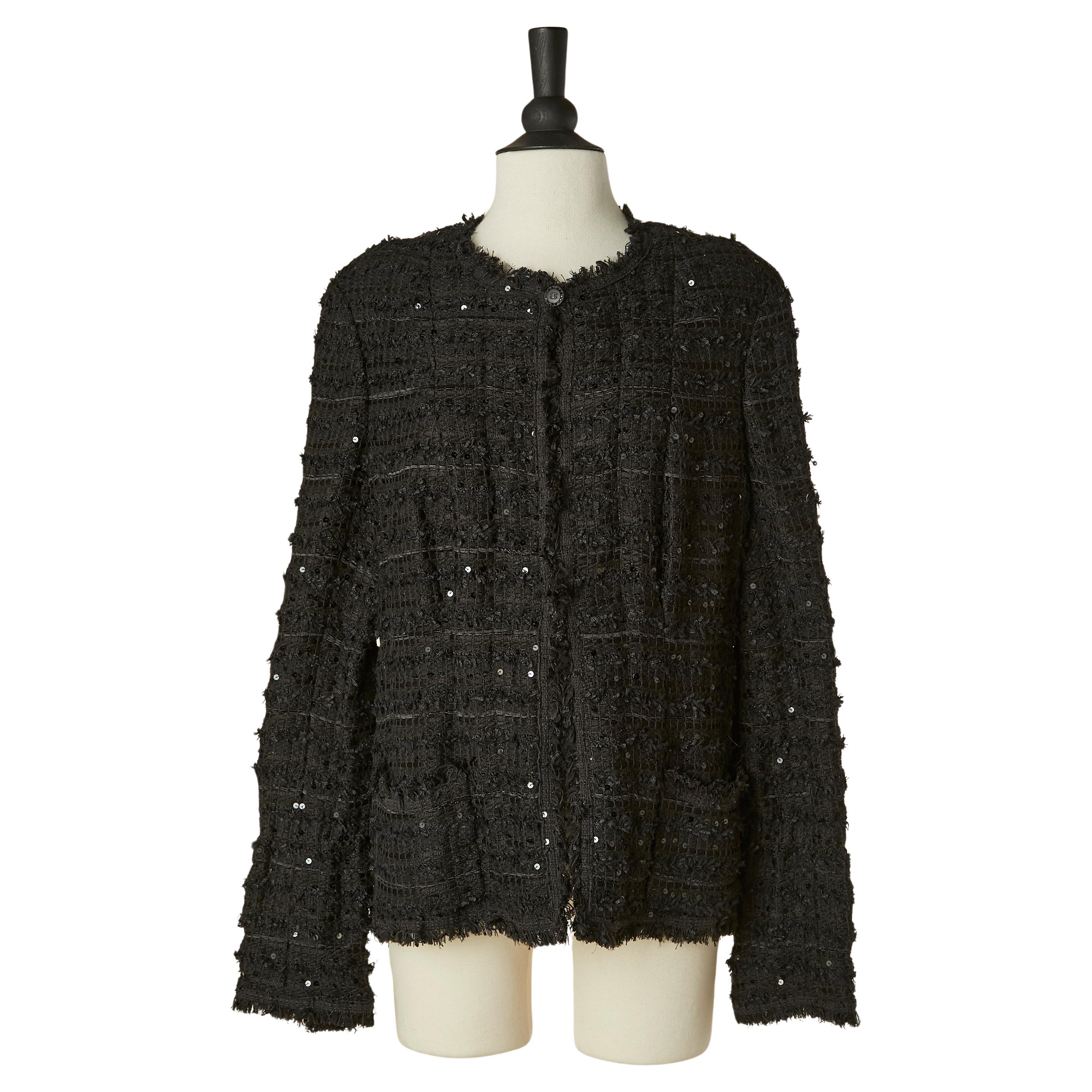 Giacca in tweed nero e paillettes da un bordo all'altro Chanel