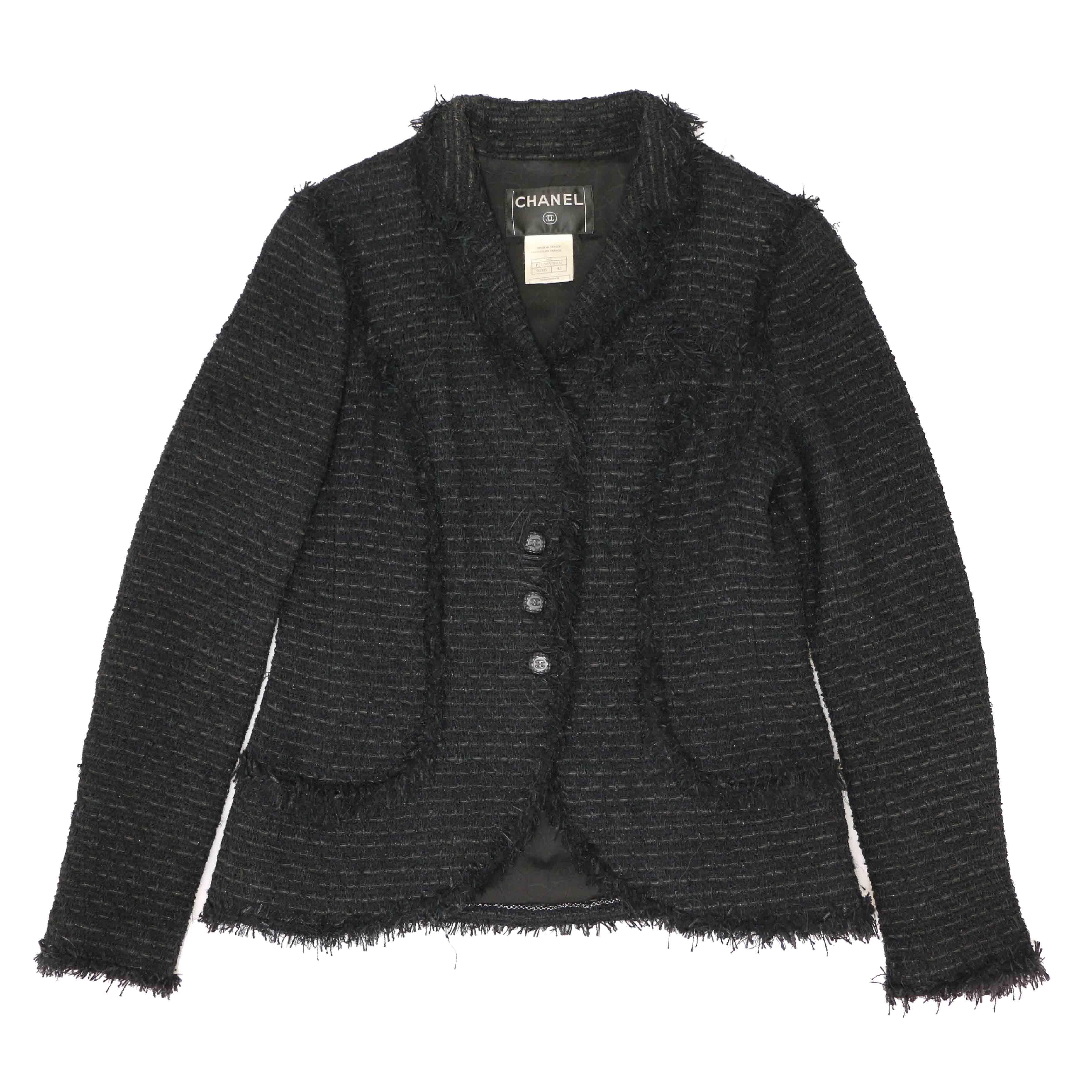 Black Tweed CHANEL Jacket Size 42FR For Sale 1