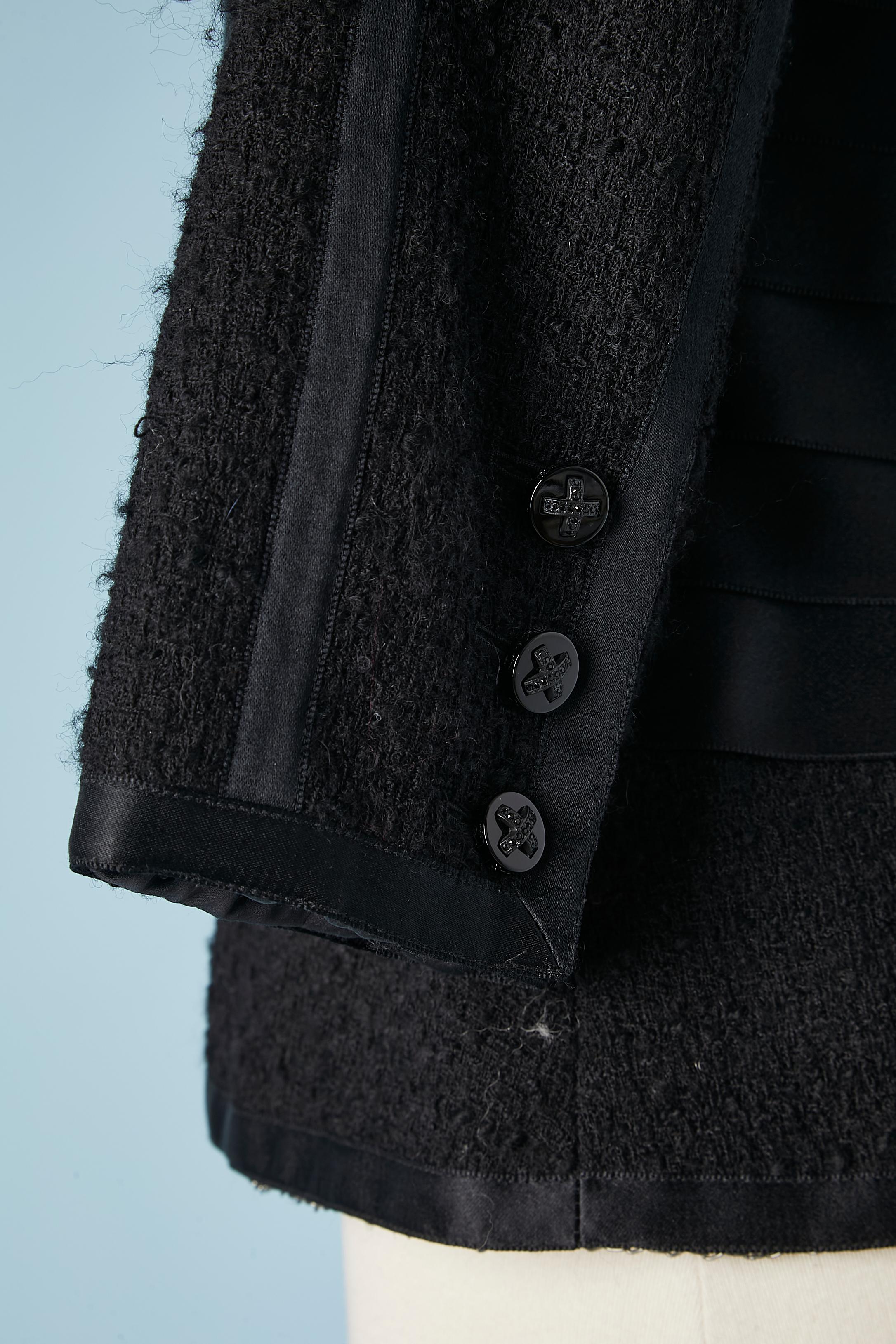 Black tweed diner jacket mix with black satin ribbons Chanel  For Sale 1