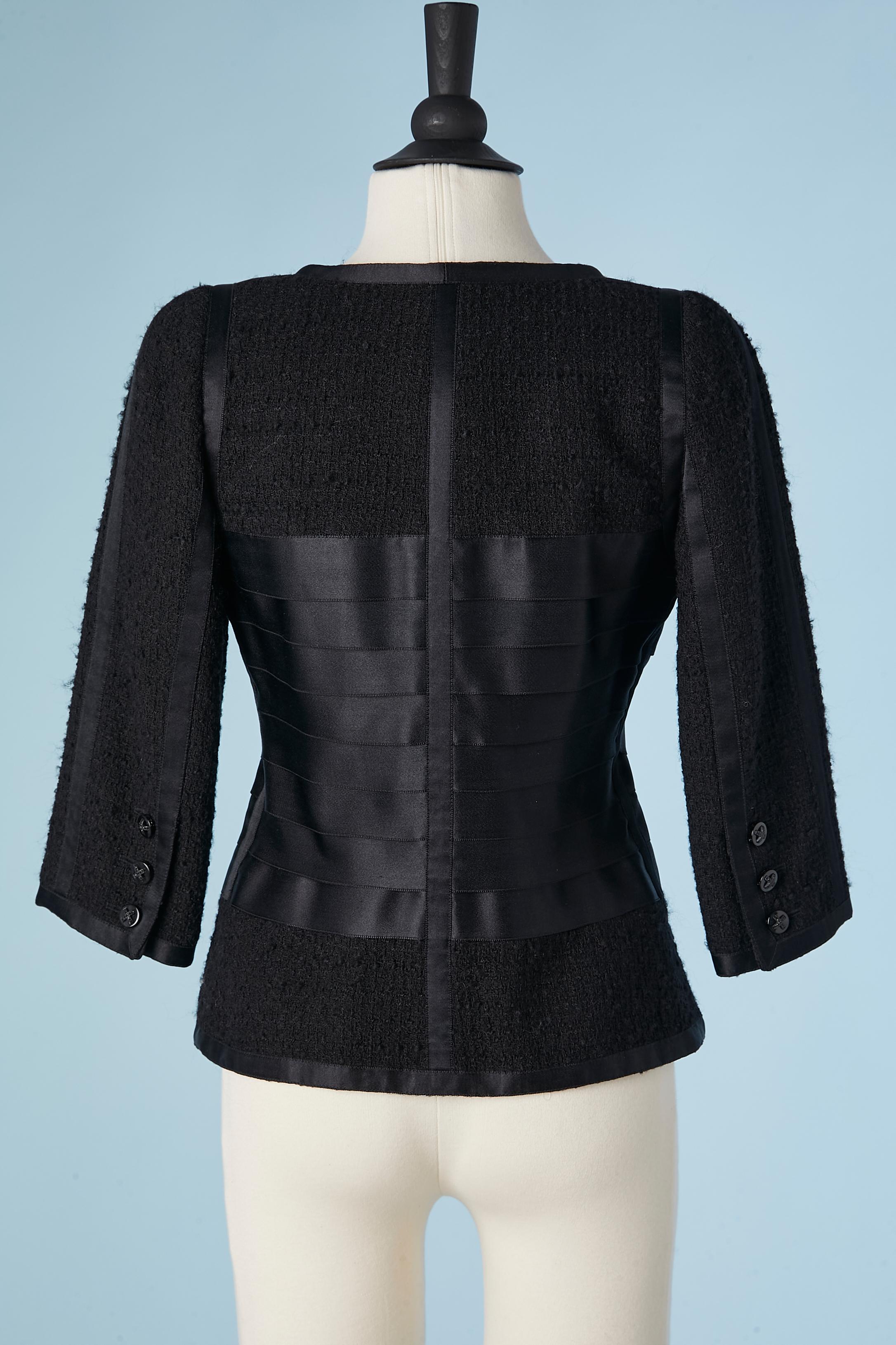 Black tweed diner jacket mix with black satin ribbons Chanel  For Sale 2