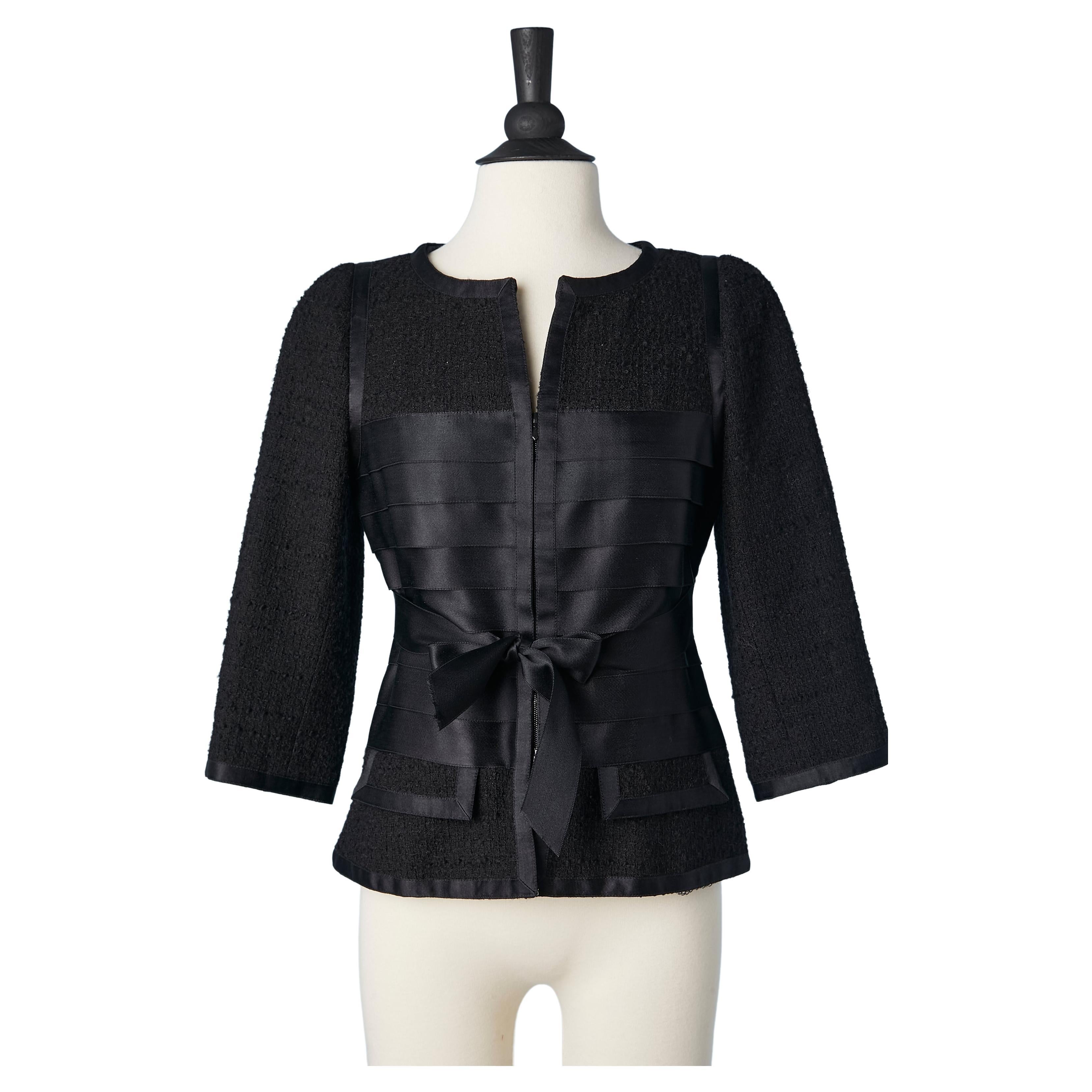Black tweed diner jacket mix with black satin ribbons Chanel  For Sale