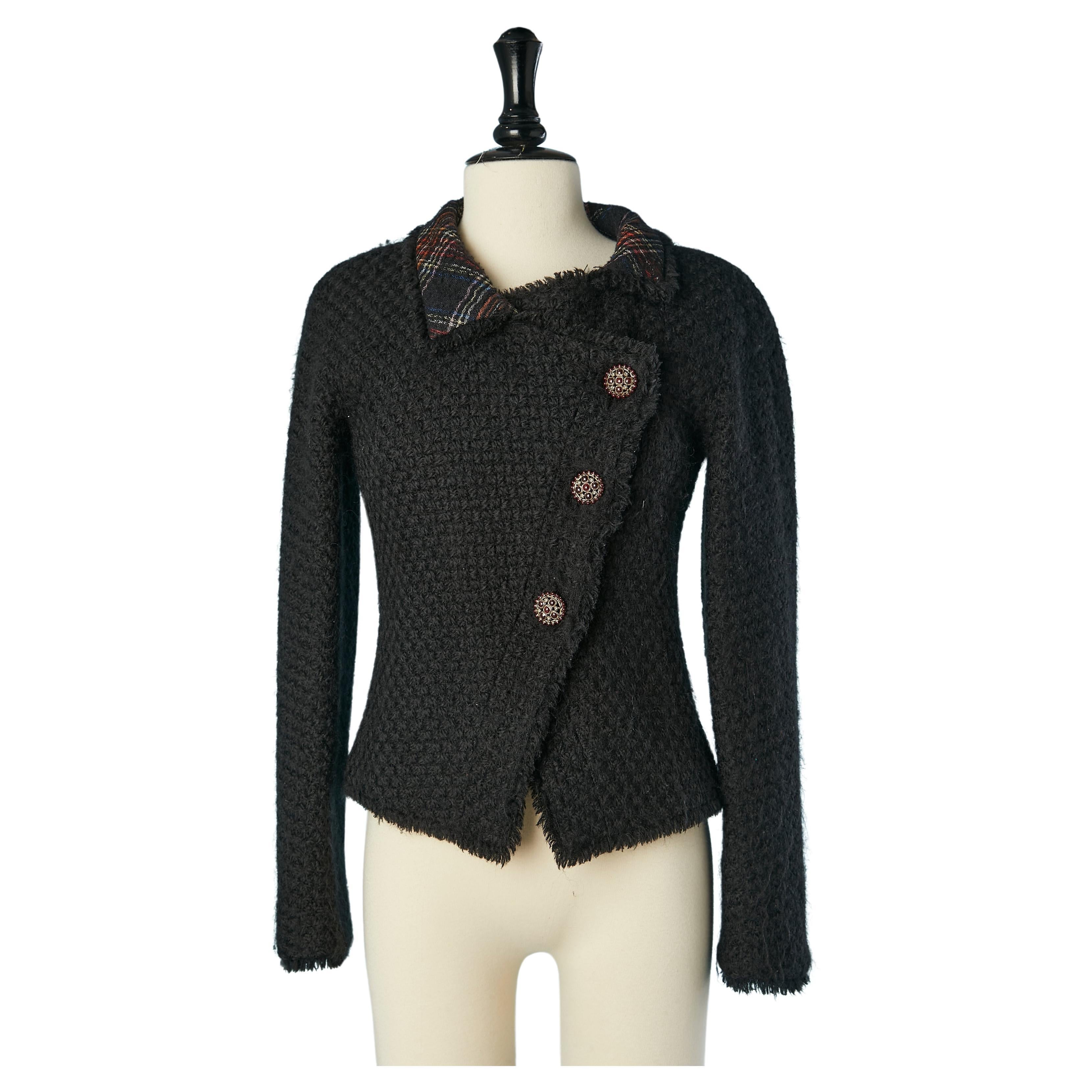 Schwarze doppelreihige Jacke aus Tweed-Wolle mit Schottenkaro-Muster und Schottenkaro-Futter Chanel 2012