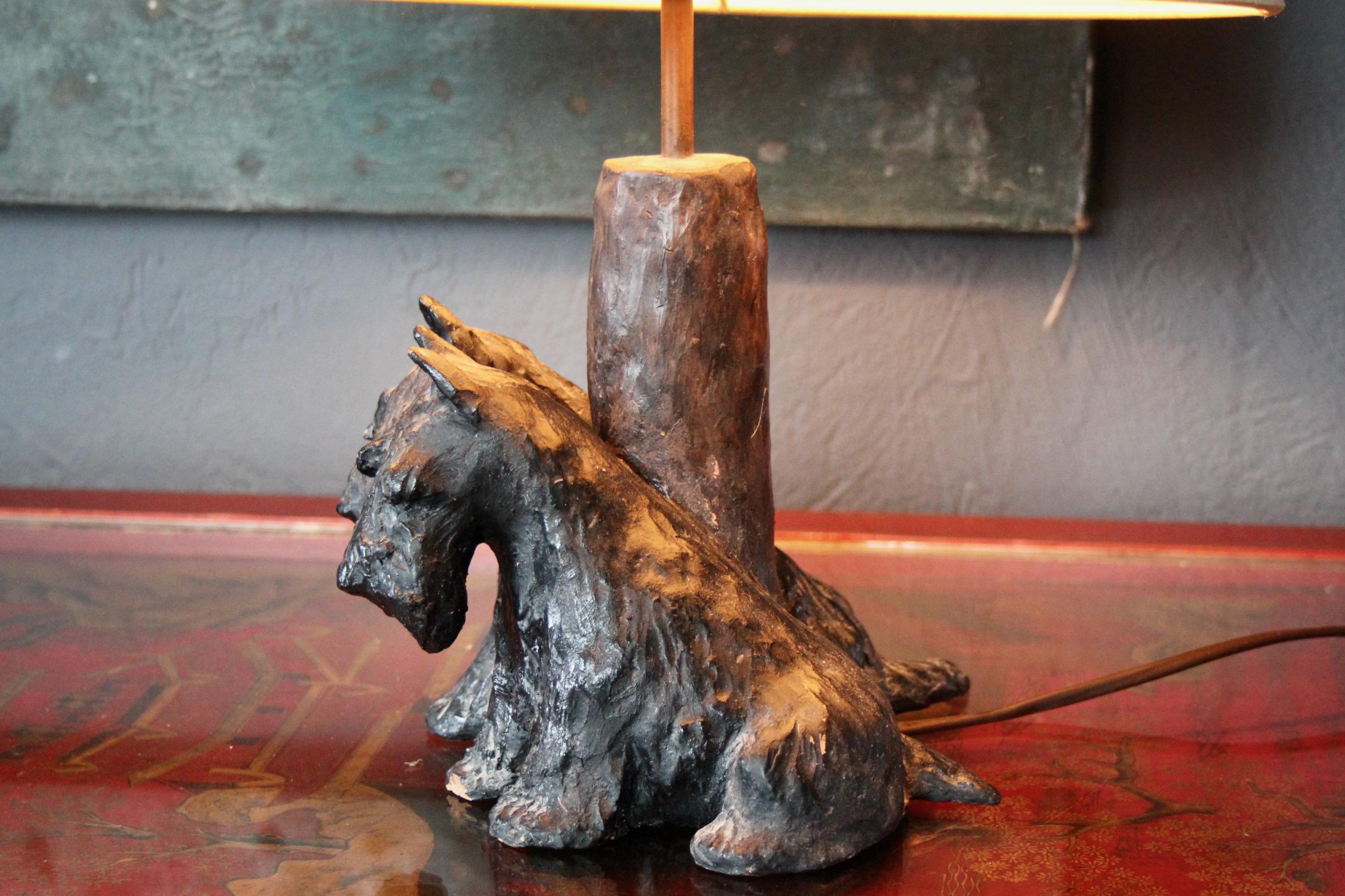 Mid-20th Century black two dogs terracotta table lamp For Sale