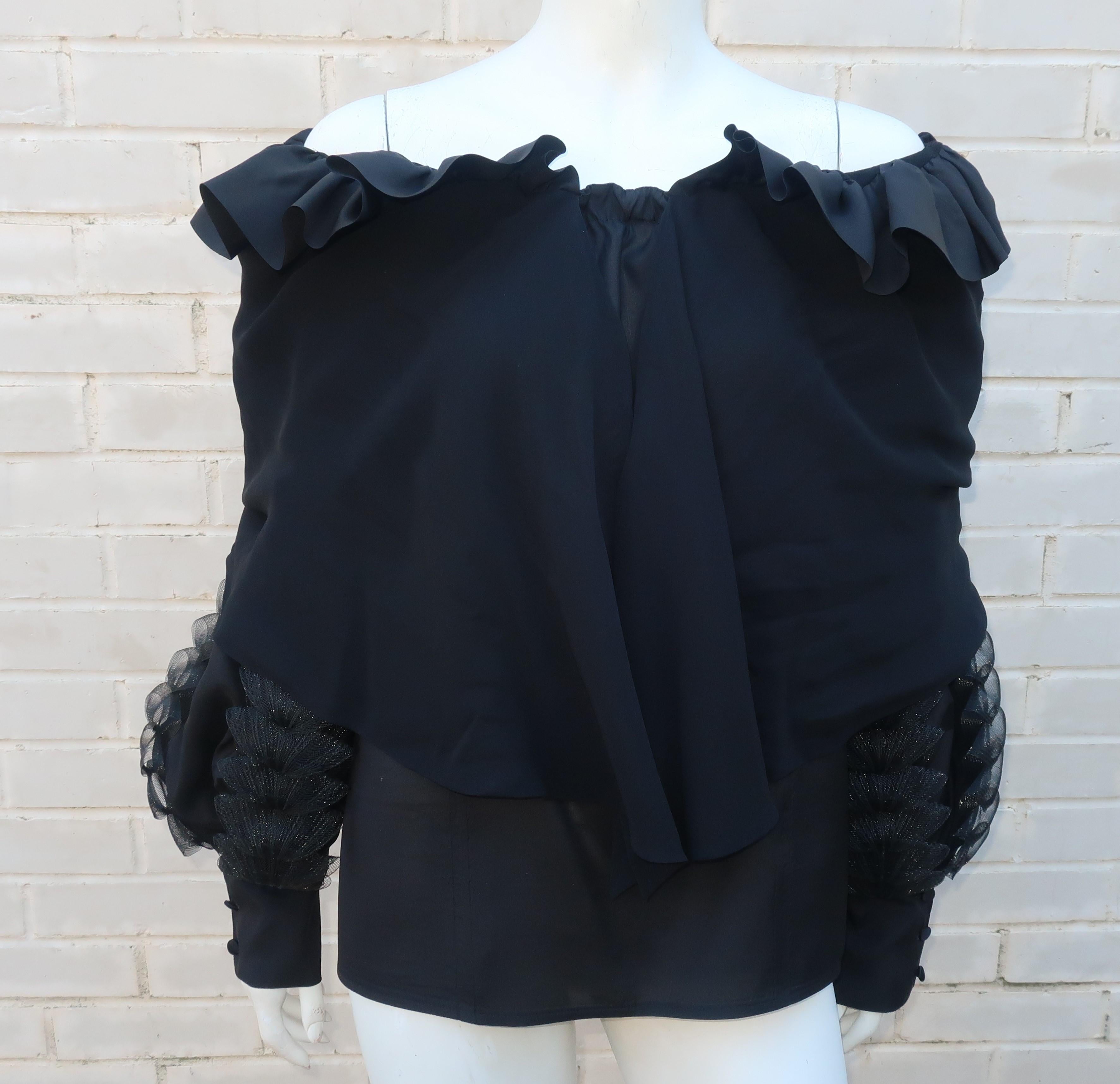 Black Two Piece Italian Tiered Dress With Ruffles, 1980's  7