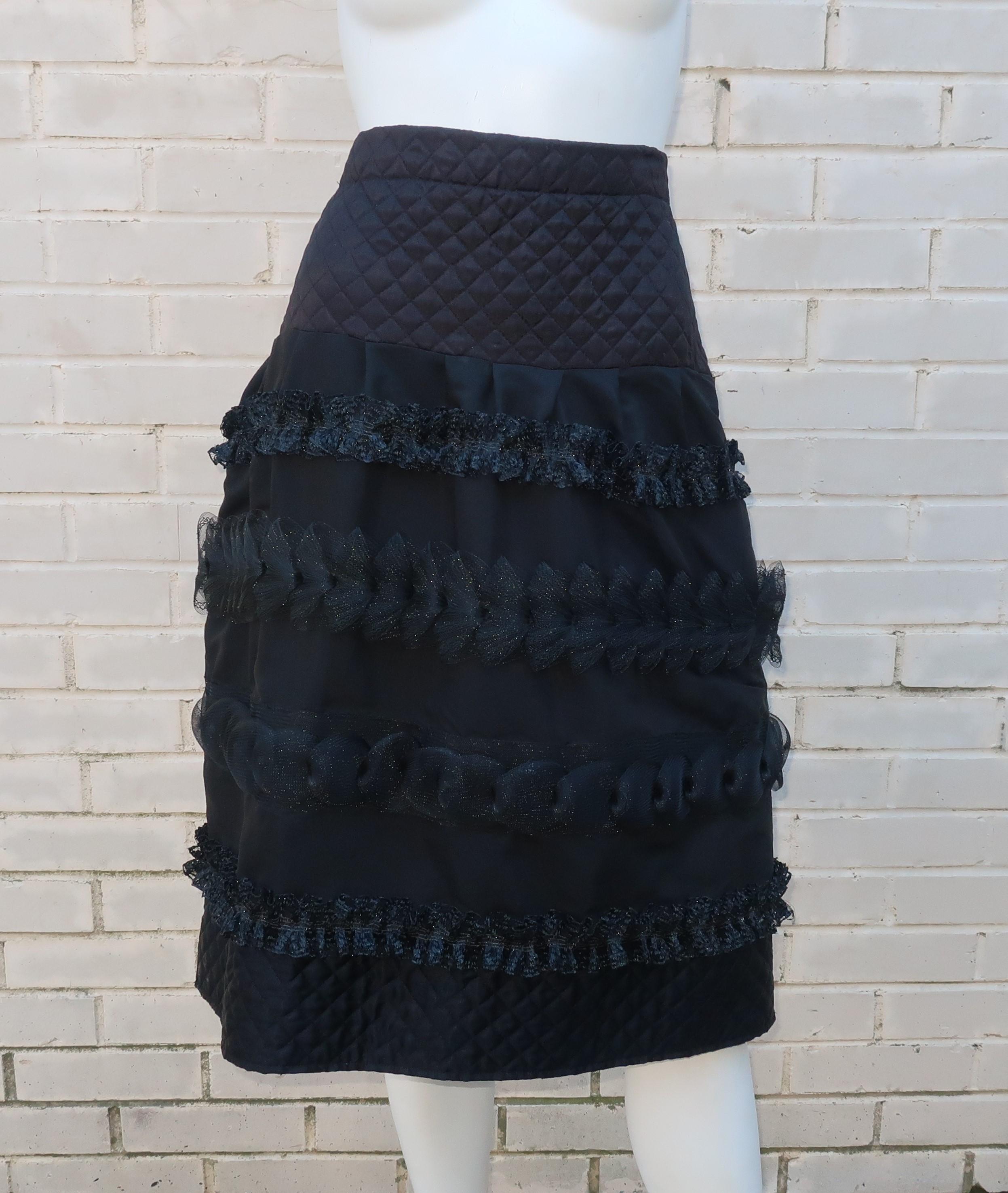 Black Two Piece Italian Tiered Dress With Ruffles, 1980's  8