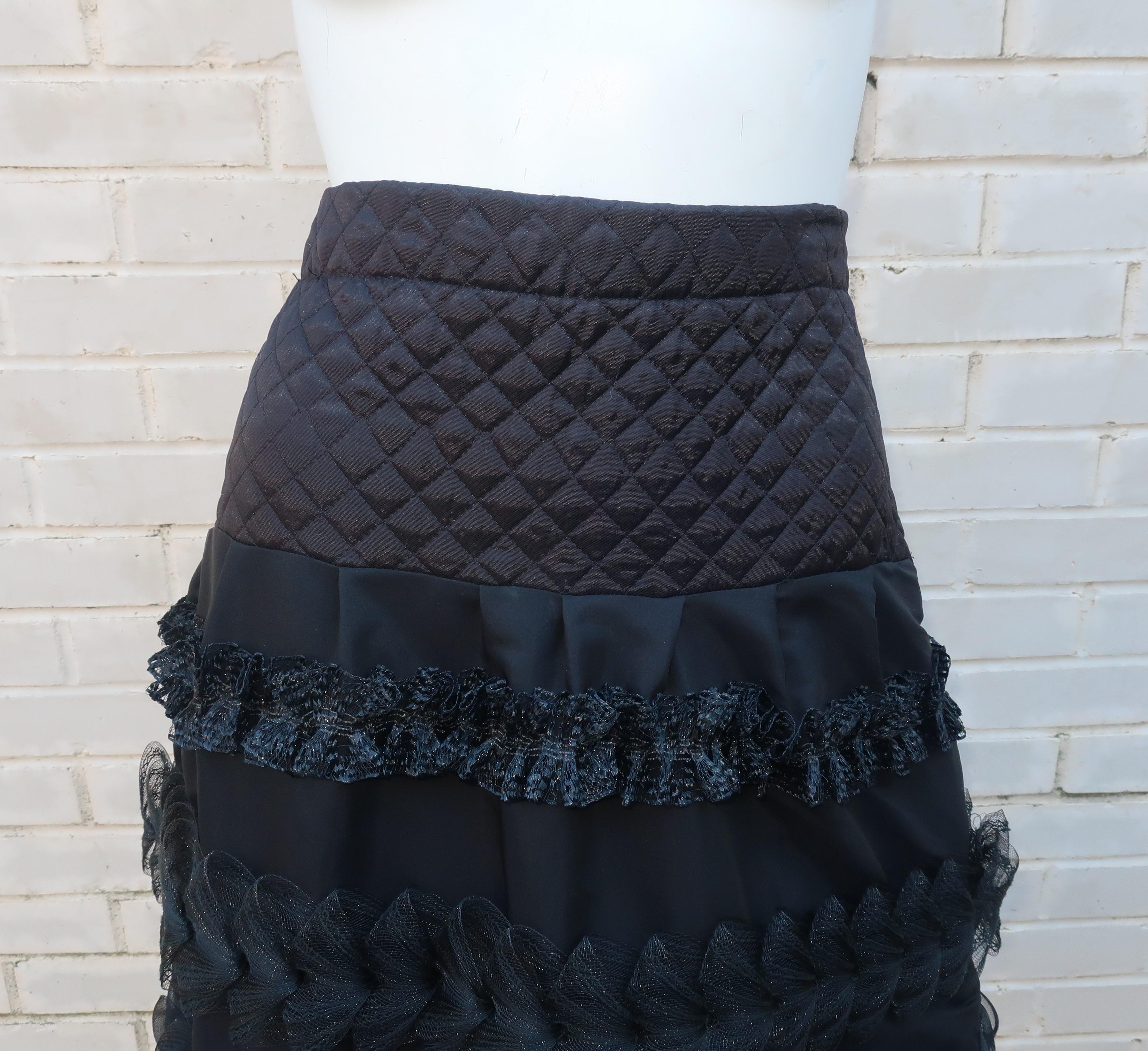 Black Two Piece Italian Tiered Dress With Ruffles, 1980's  9