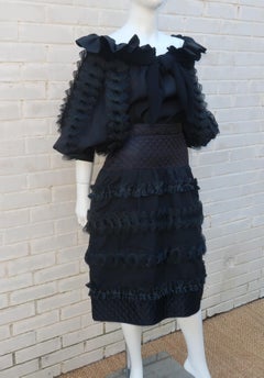 Black Two Piece Italian Tiered Dress With Ruffles, 1980's