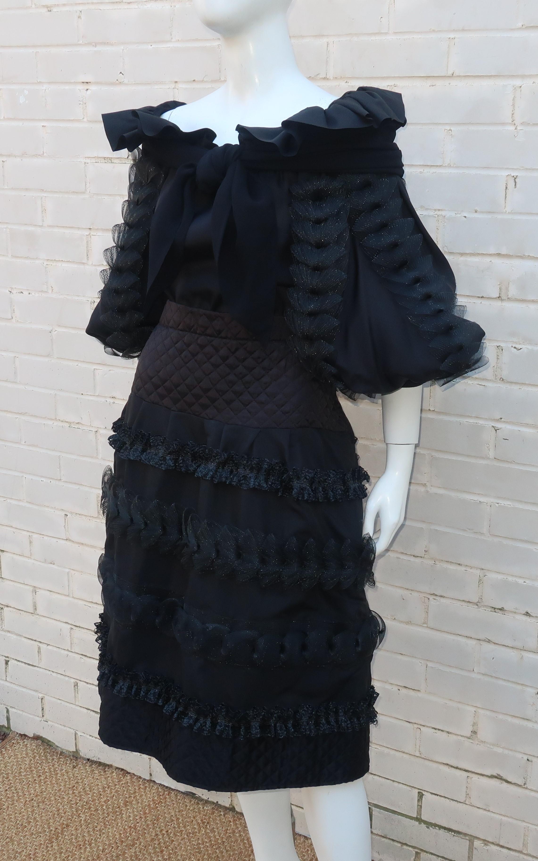 Black Two Piece Italian Tiered Dress With Ruffles, 1980's  In Good Condition In Atlanta, GA