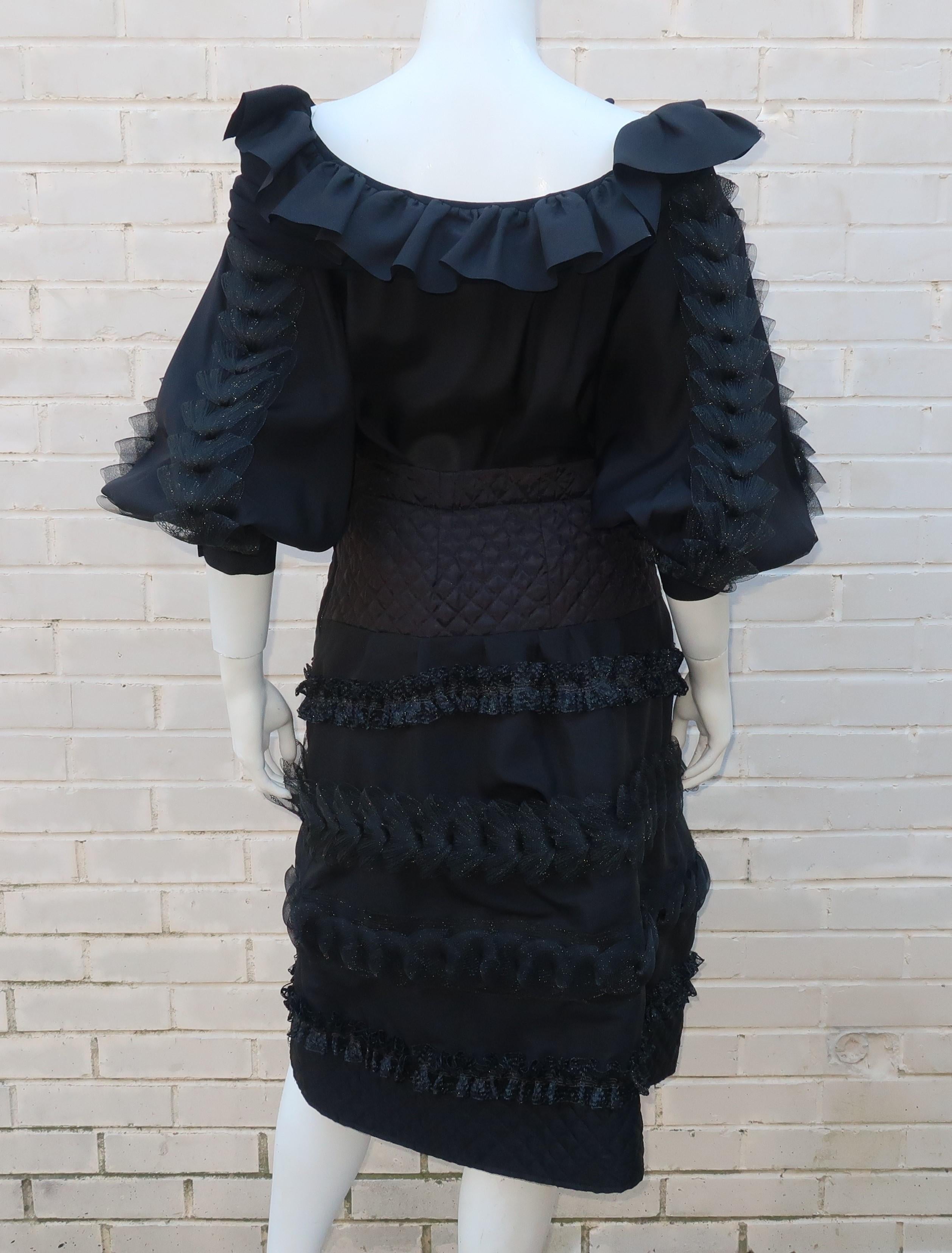 Women's Black Two Piece Italian Tiered Dress With Ruffles, 1980's 