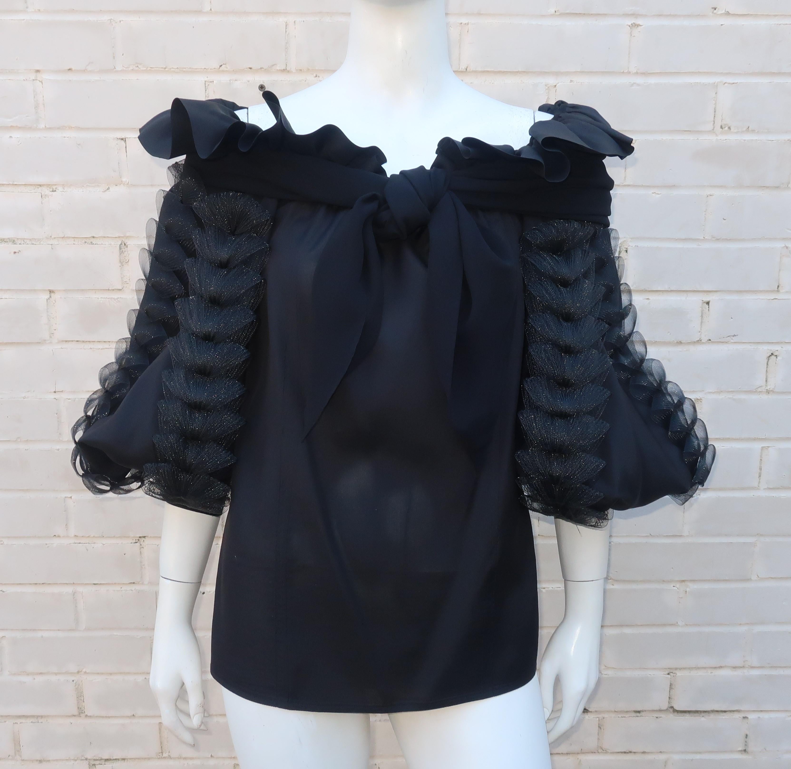 Black Two Piece Italian Tiered Dress With Ruffles, 1980's  1