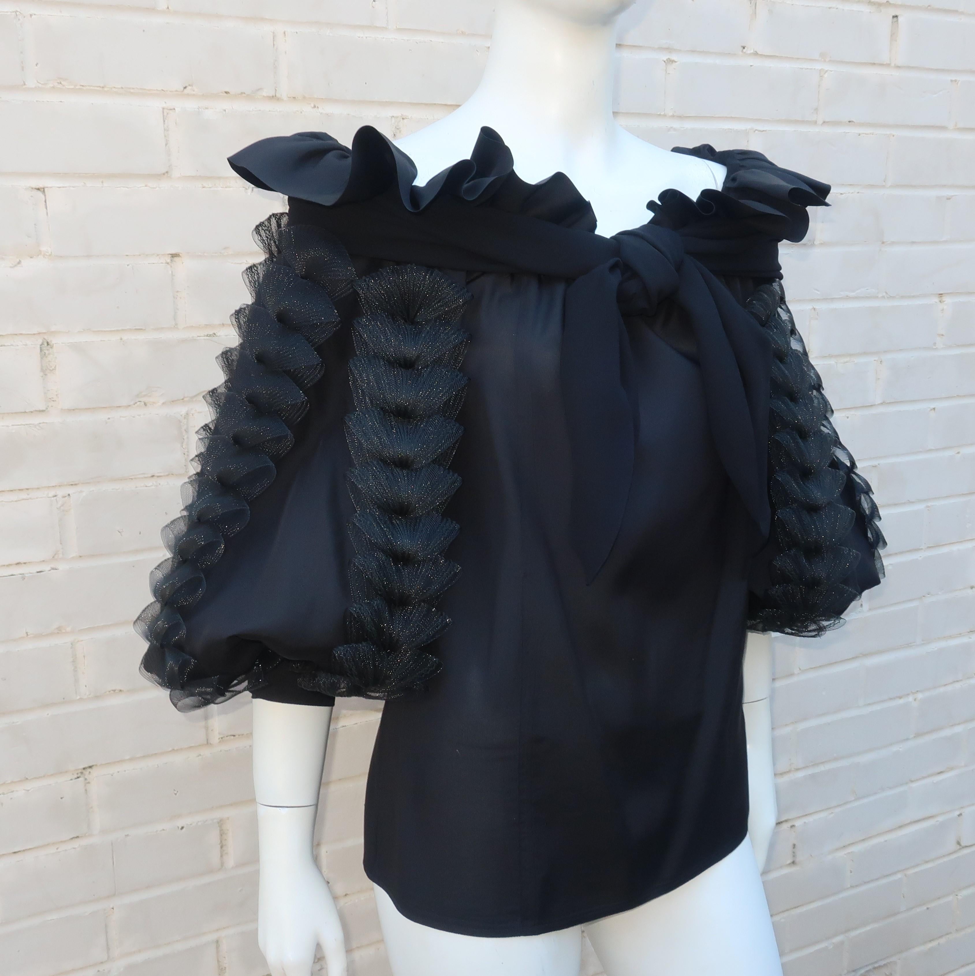 Black Two Piece Italian Tiered Dress With Ruffles, 1980's  2
