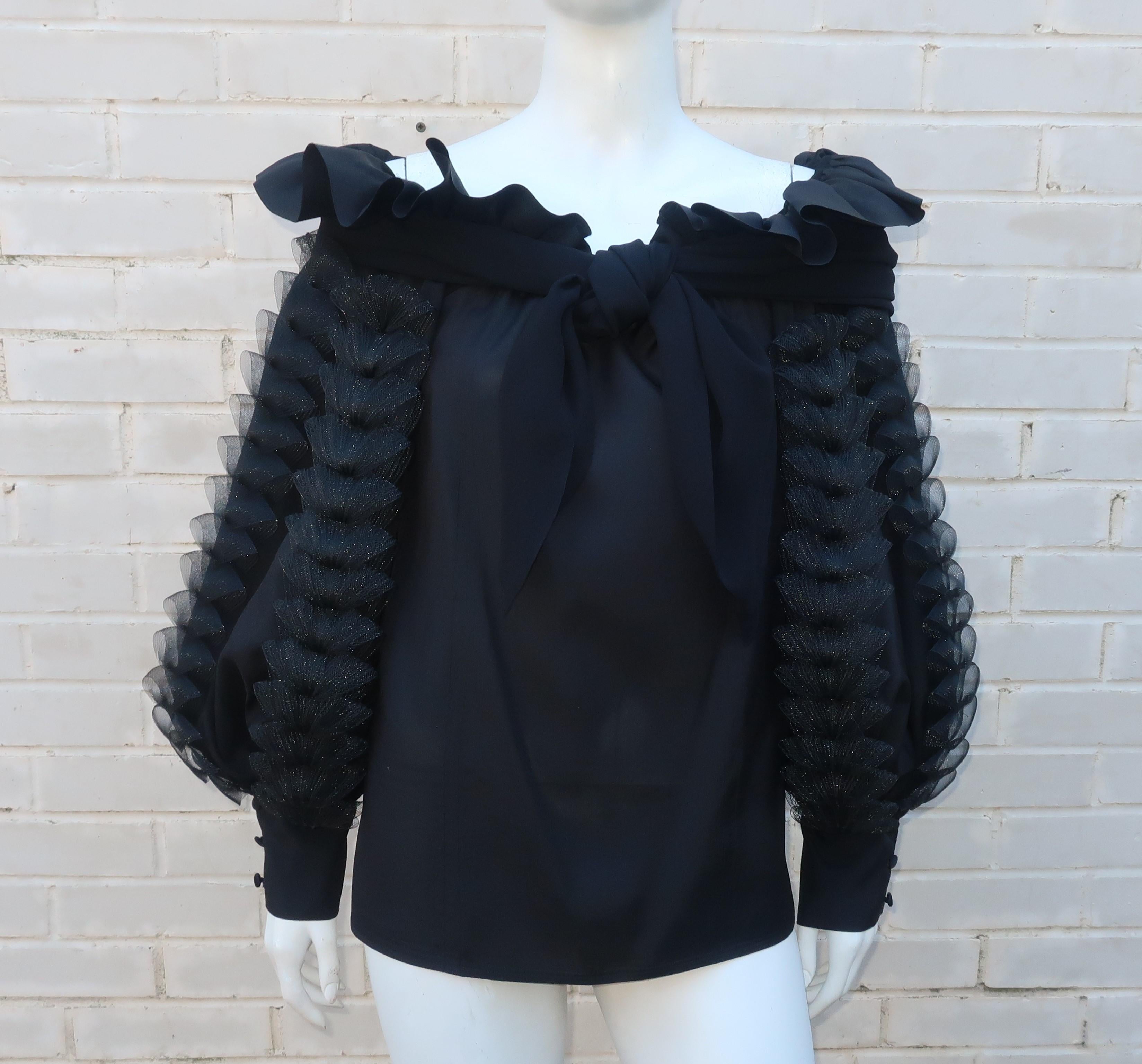 Black Two Piece Italian Tiered Dress With Ruffles, 1980's  3
