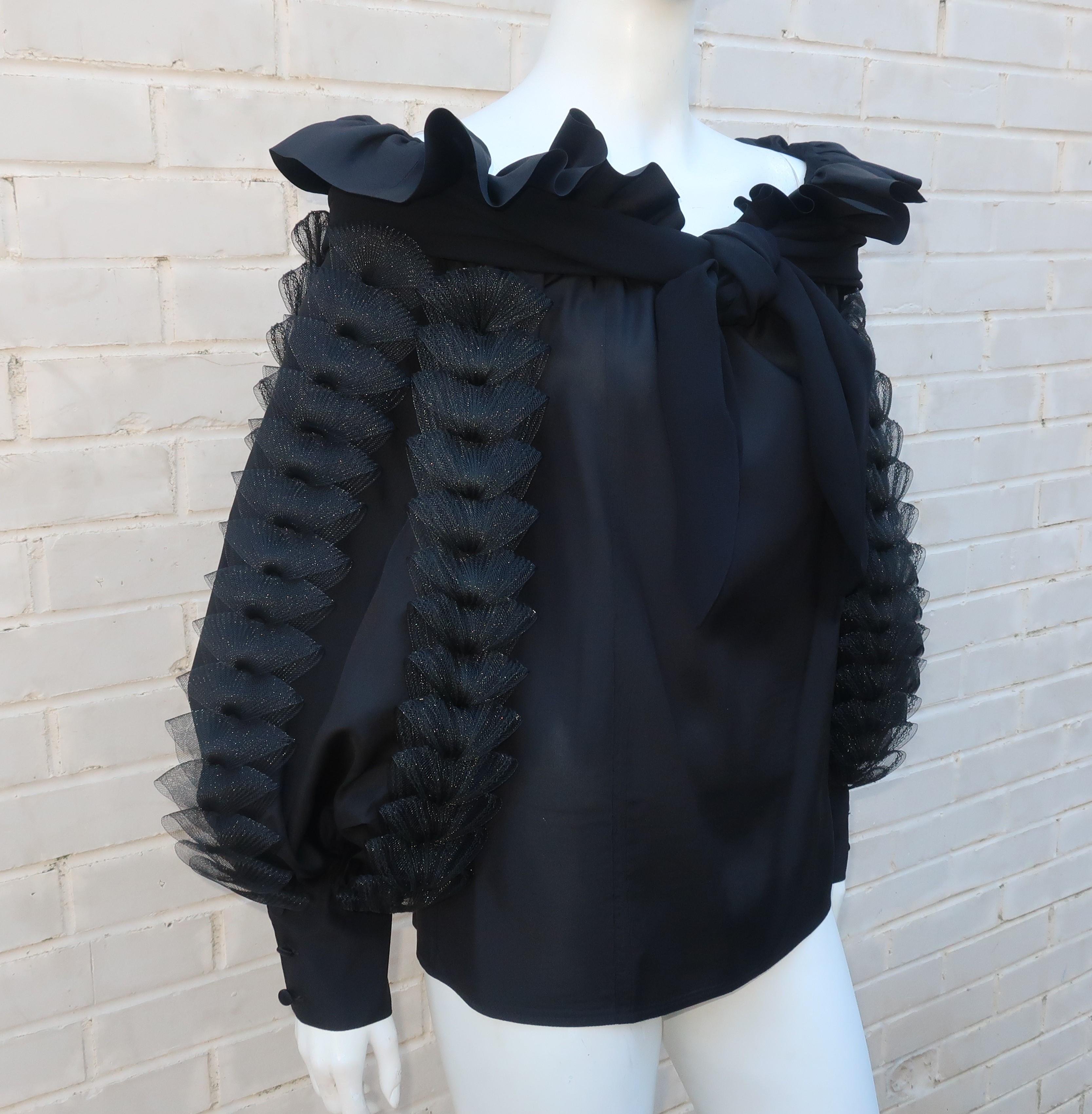 Black Two Piece Italian Tiered Dress With Ruffles, 1980's  4