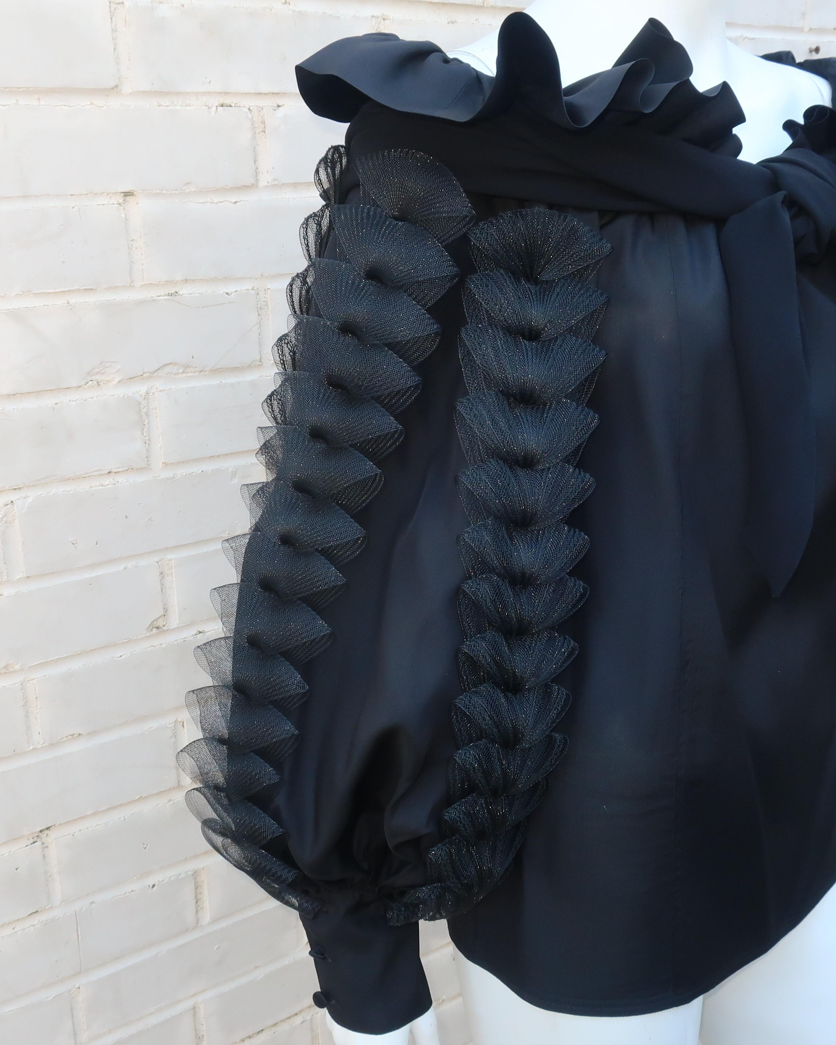 Black Two Piece Italian Tiered Dress With Ruffles, 1980's  5