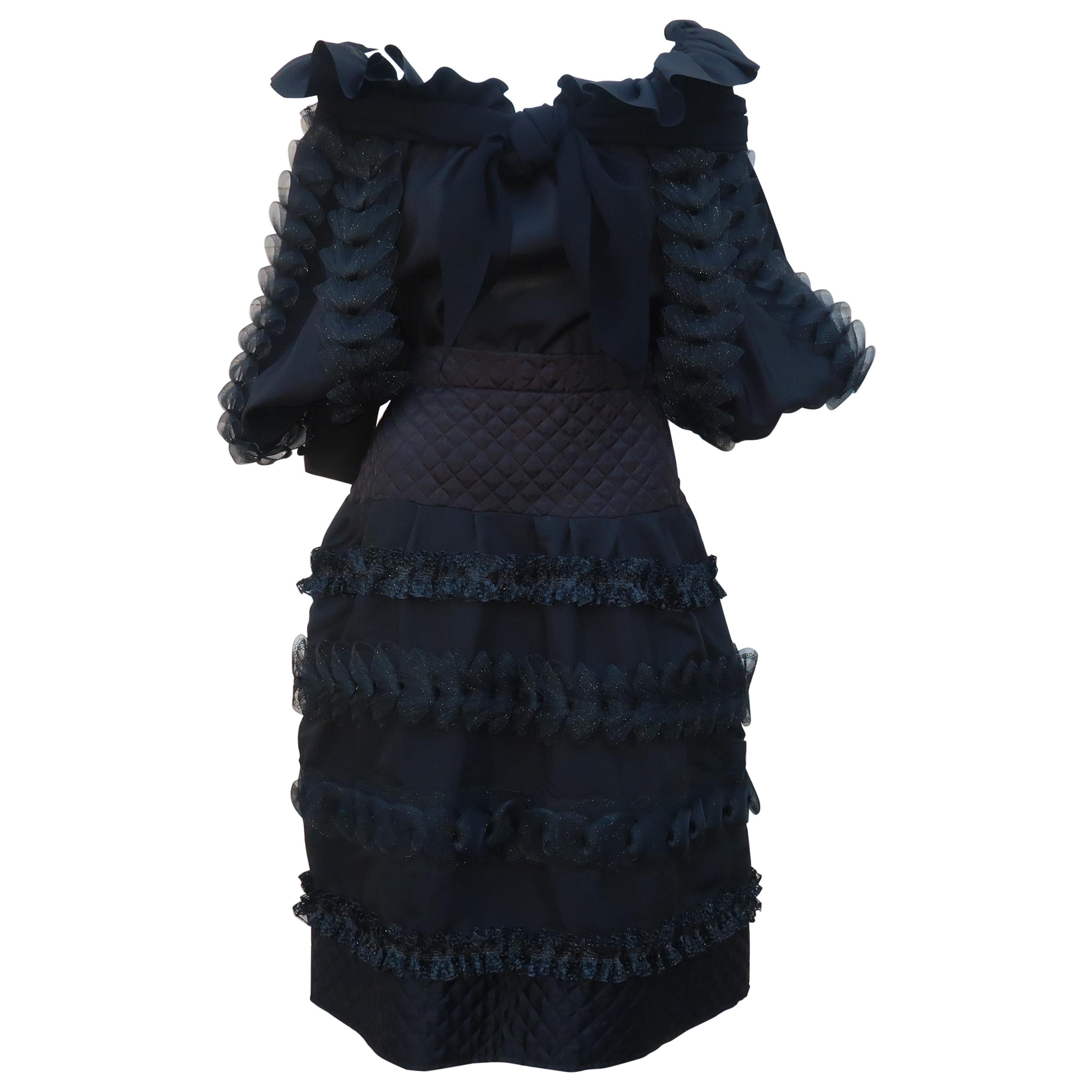 Black Two Piece Italian Tiered Dress With Ruffles, 1980's 