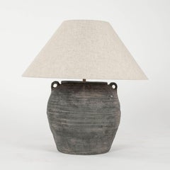 Black Unglazed Lamp with Handles and Linen Shade