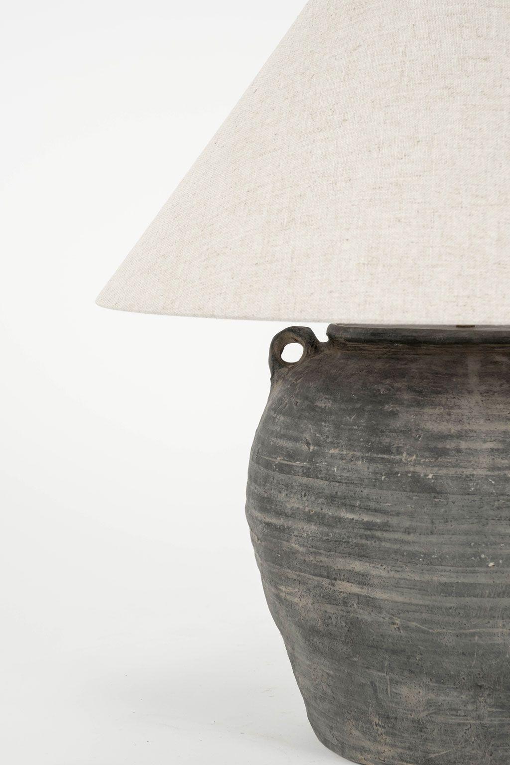 Belgian Black Unglazed Lamp with Handles and Linen Shade