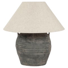 Black Unglazed Lamp with Handles and Linen Shade