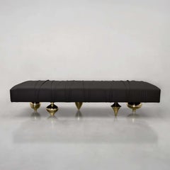 Black Upholstered Leather Bench with Gold Finish Brass Legs, Made in Italy