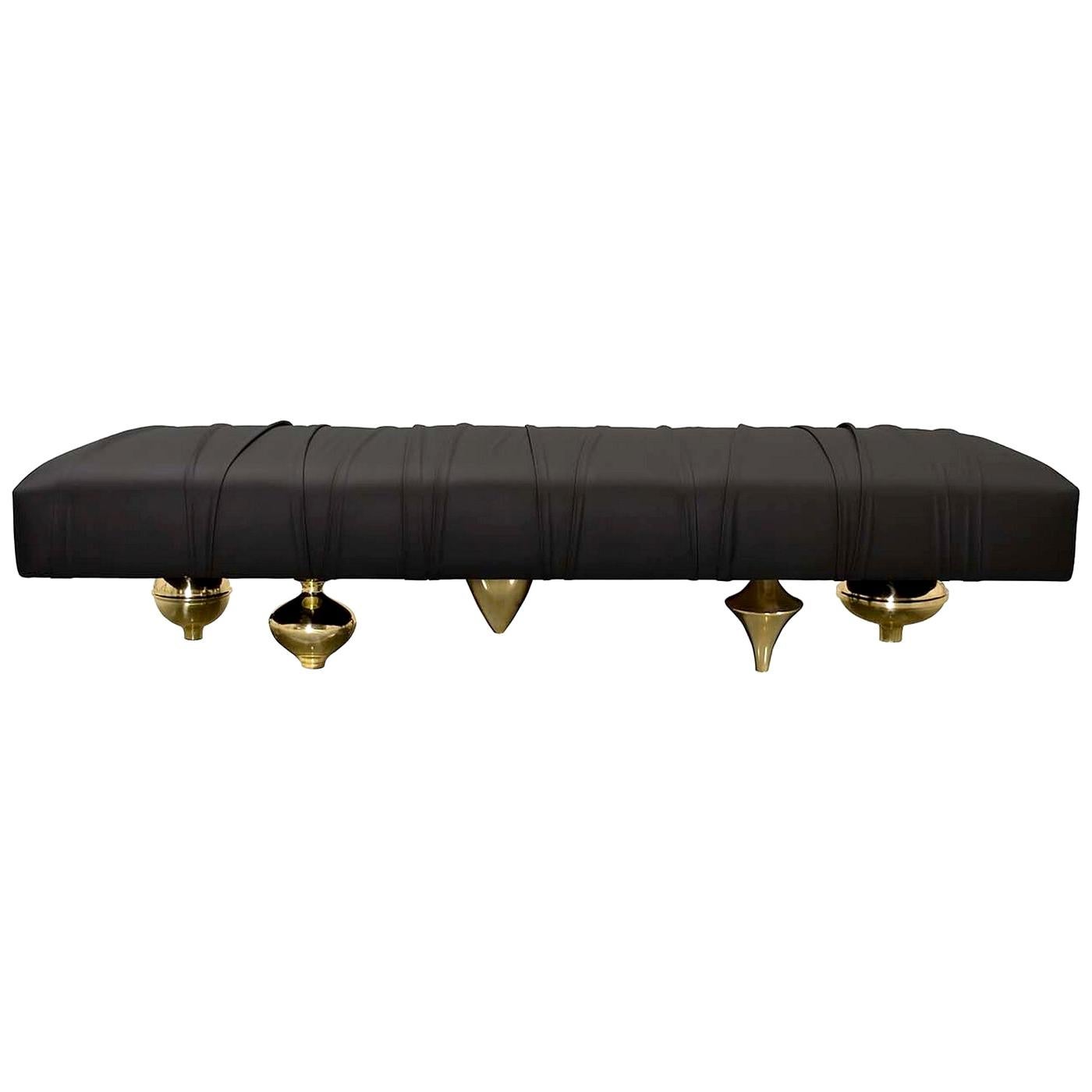 Black Upholstered Leather Bench with Gold Finish Brass Legs, Made in Italy